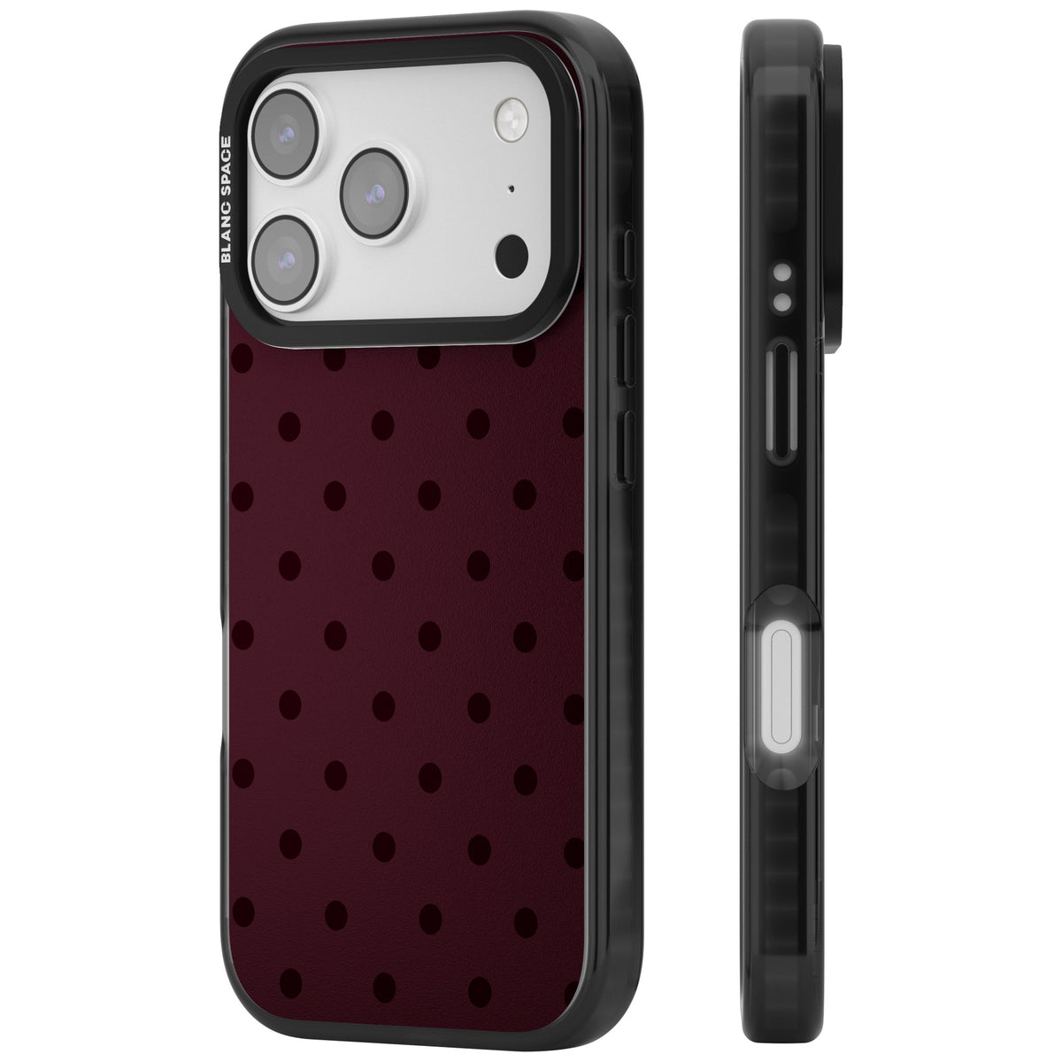 Burgundy Polka Dot minimalist iPhone case featuring black polka dots on a deep burgundy wine red background iPhone 17 Pro Impact Pro Black Phone Case side
