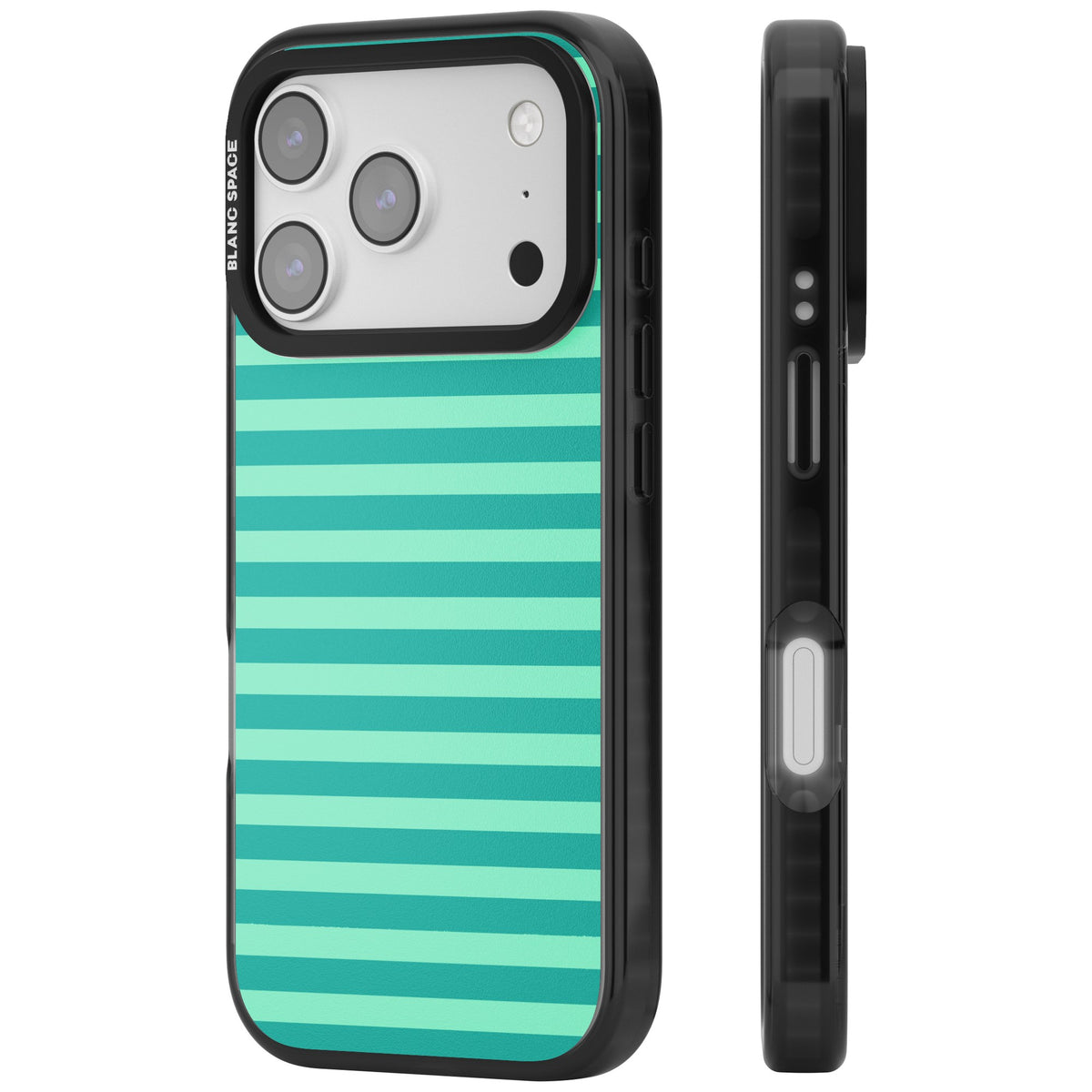 Turquoise Stripe preppy iPhone case featuring horizontal teal and mint green stripes on a black protective frame iPhone 17 Pro Impact Pro Black Phone Case side