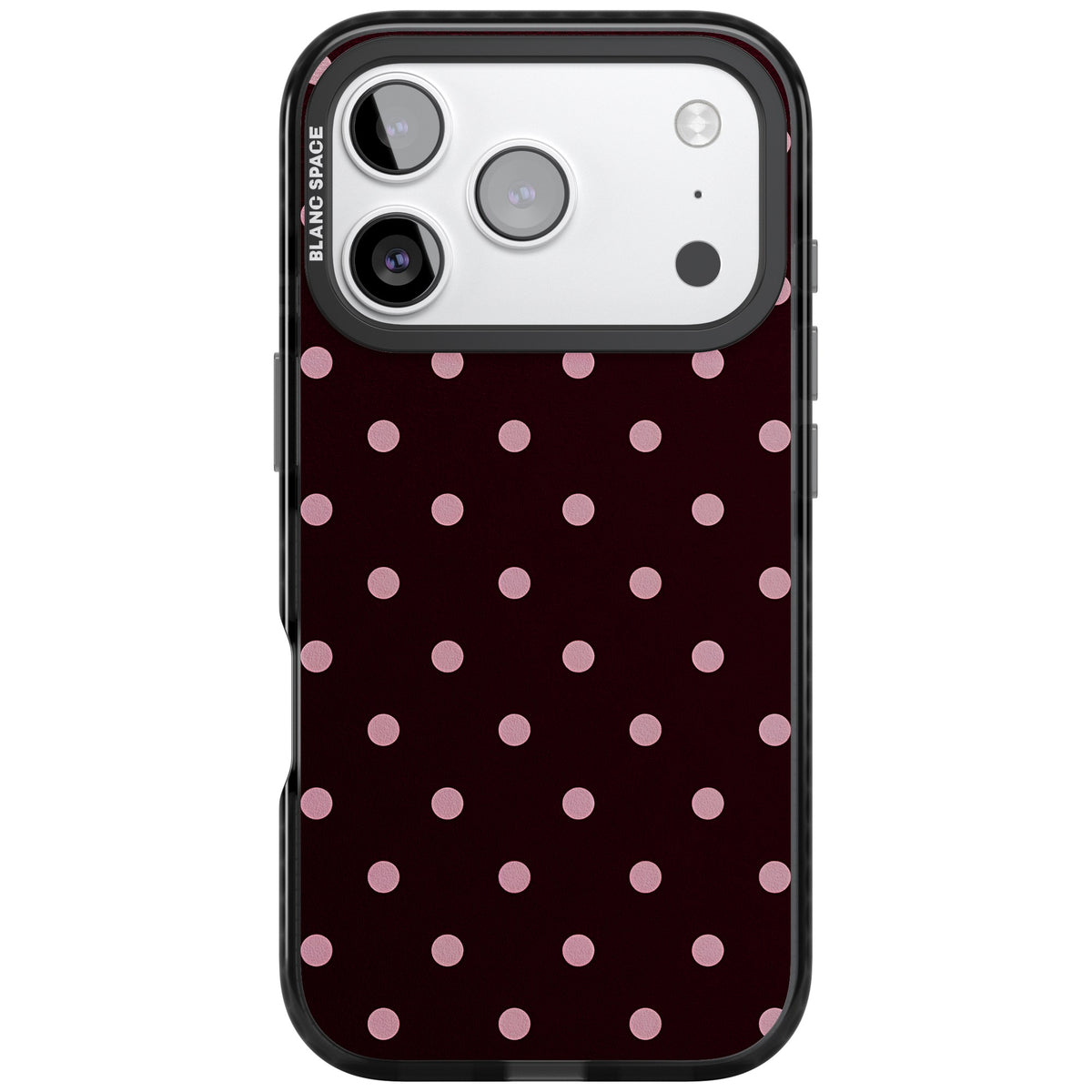 Merlot Dots polka dot iPhone case featuring dusty pink spots on a deep burgundy background in a retro grid iPhone 17 Pro Impact Black Phone Case front