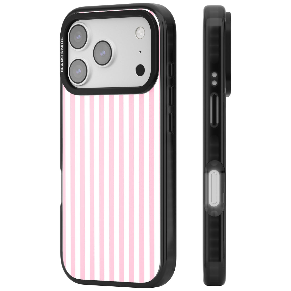 Pink Stripe preppy iPhone case featuring soft pastel pink and white vertical candy stripes iPhone 17 Pro Impact Black Phone Case side