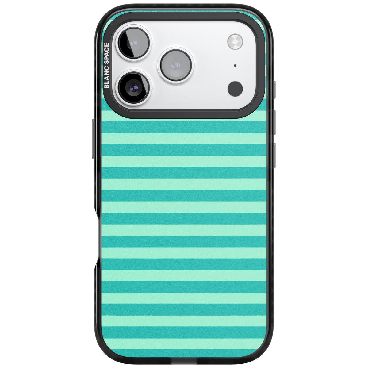 Turquoise Stripe preppy iPhone case featuring horizontal teal and mint green stripes on a black protective frame iPhone 17 Pro Impact Black Phone Case front