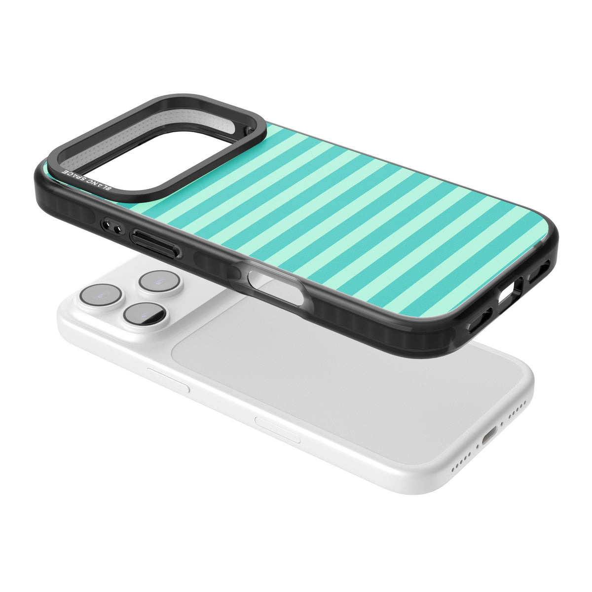 Turquoise Stripe preppy iPhone case featuring horizontal teal and mint green stripes on a black protective frame iPhone 17 Pro Impact Black Phone Case angled