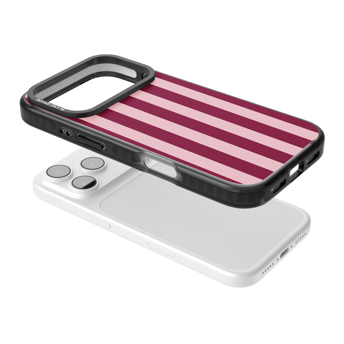 Bordeaux Belle preppy iPhone case featuring bold vertical stripes in burgundy and soft blush pink iPhone 17 Pro Impact Black Phone Case angled