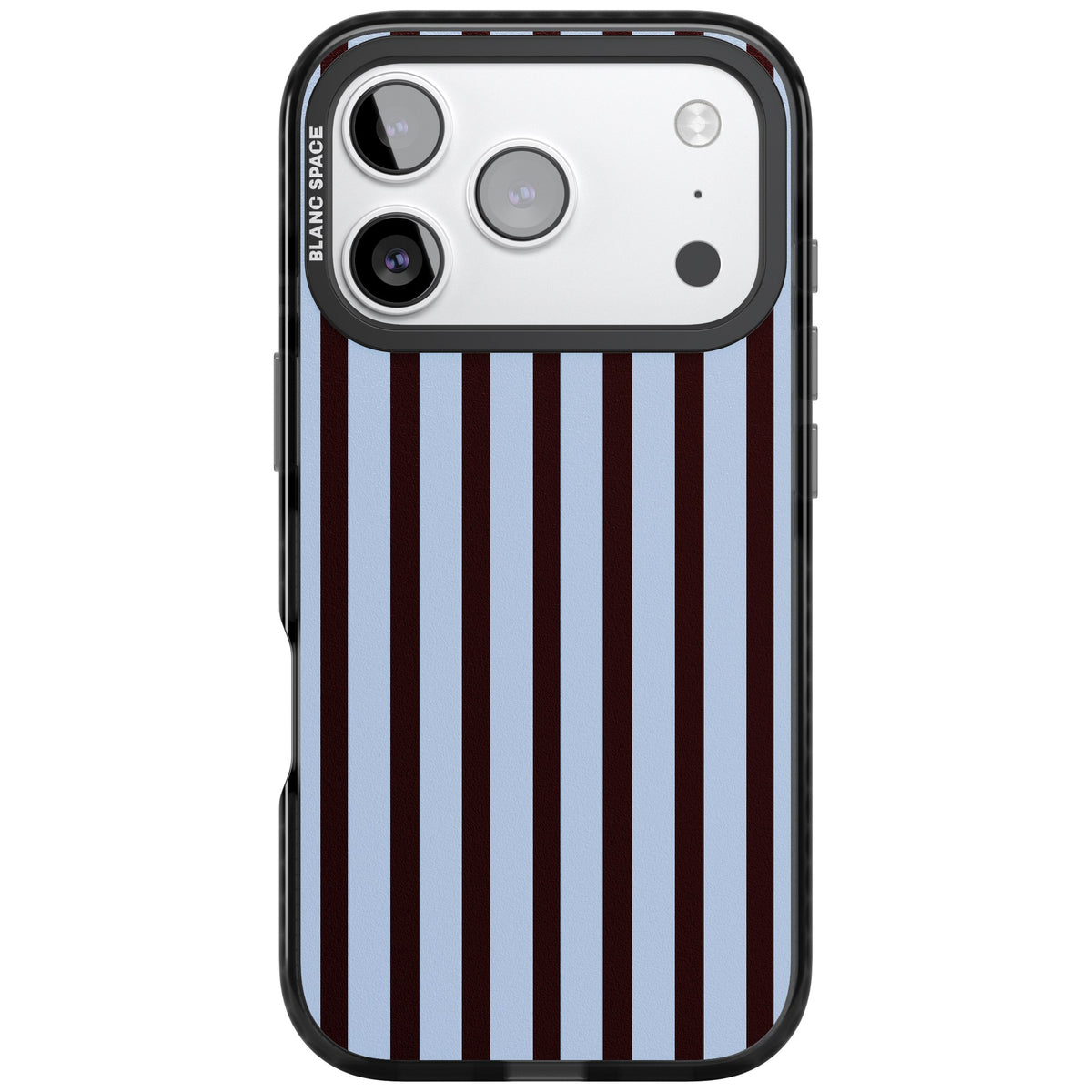 Blackcurrant Stripe preppy iPhone case featuring vertical burgundy and light blue stripes in a classic pinstripe layout iPhone 17 Pro Impact Black Phone Case front