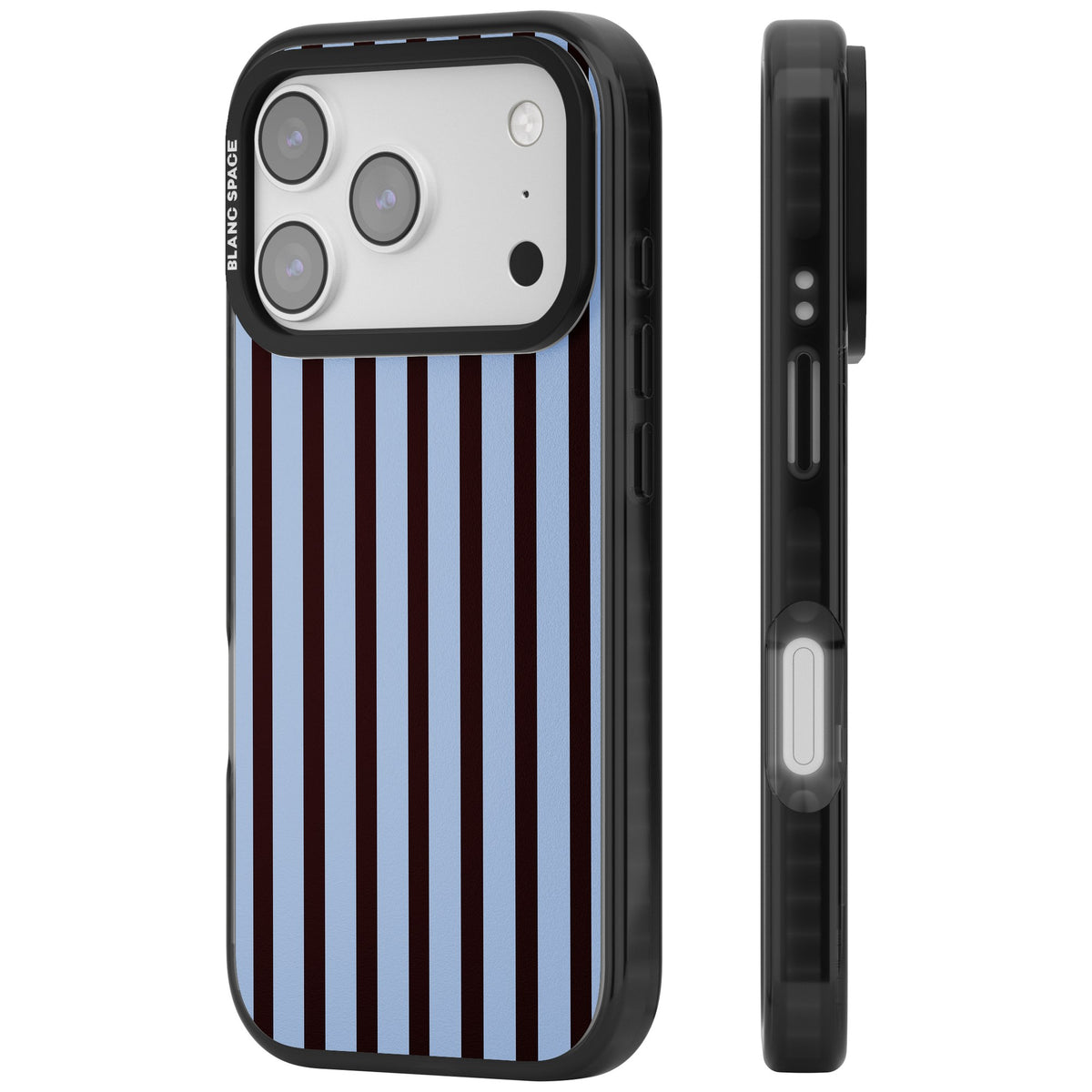 Blackcurrant Stripe preppy iPhone case featuring vertical burgundy and light blue stripes in a classic pinstripe layout iPhone 17 Pro Impact Black Phone Case side