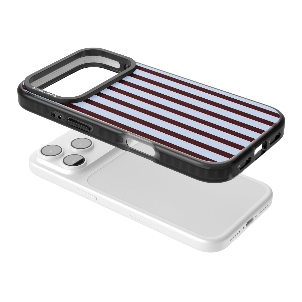 Blackcurrant Stripe preppy iPhone case featuring vertical burgundy and light blue stripes in a classic pinstripe layout iPhone 17 Pro Impact Black Phone Case angled