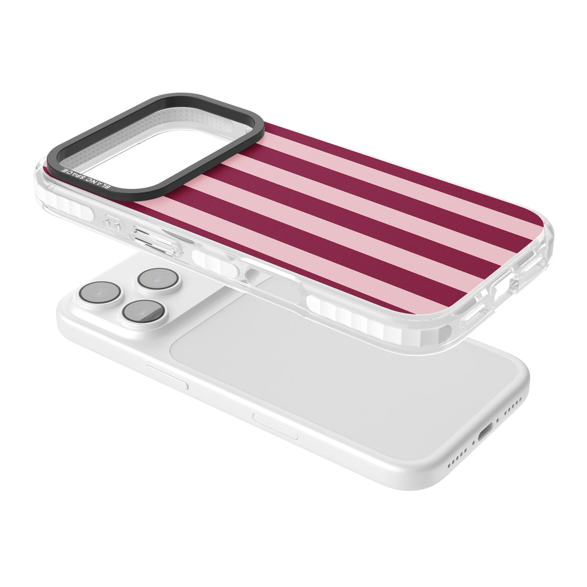 Bordeaux Belle preppy iPhone case featuring bold vertical stripes in burgundy and soft blush pink iPhone 17 Pro Impact Pro Clear Phone Case angled