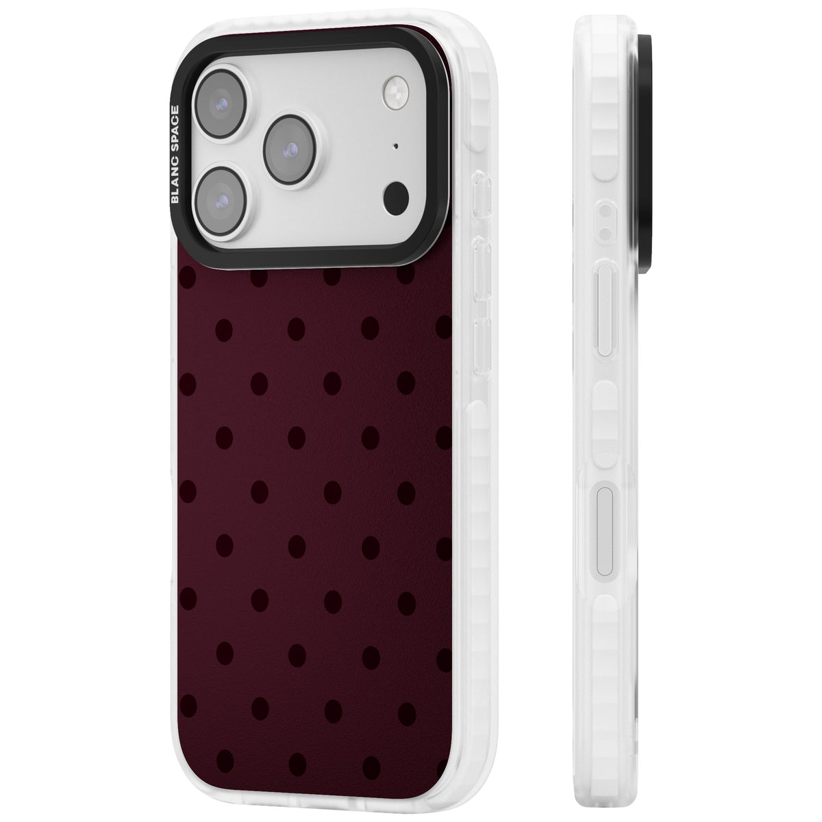 Burgundy Polka Dot minimalist iPhone case featuring black polka dots on a deep burgundy wine red background iPhone 17 Pro Impact Clear Phone Case side