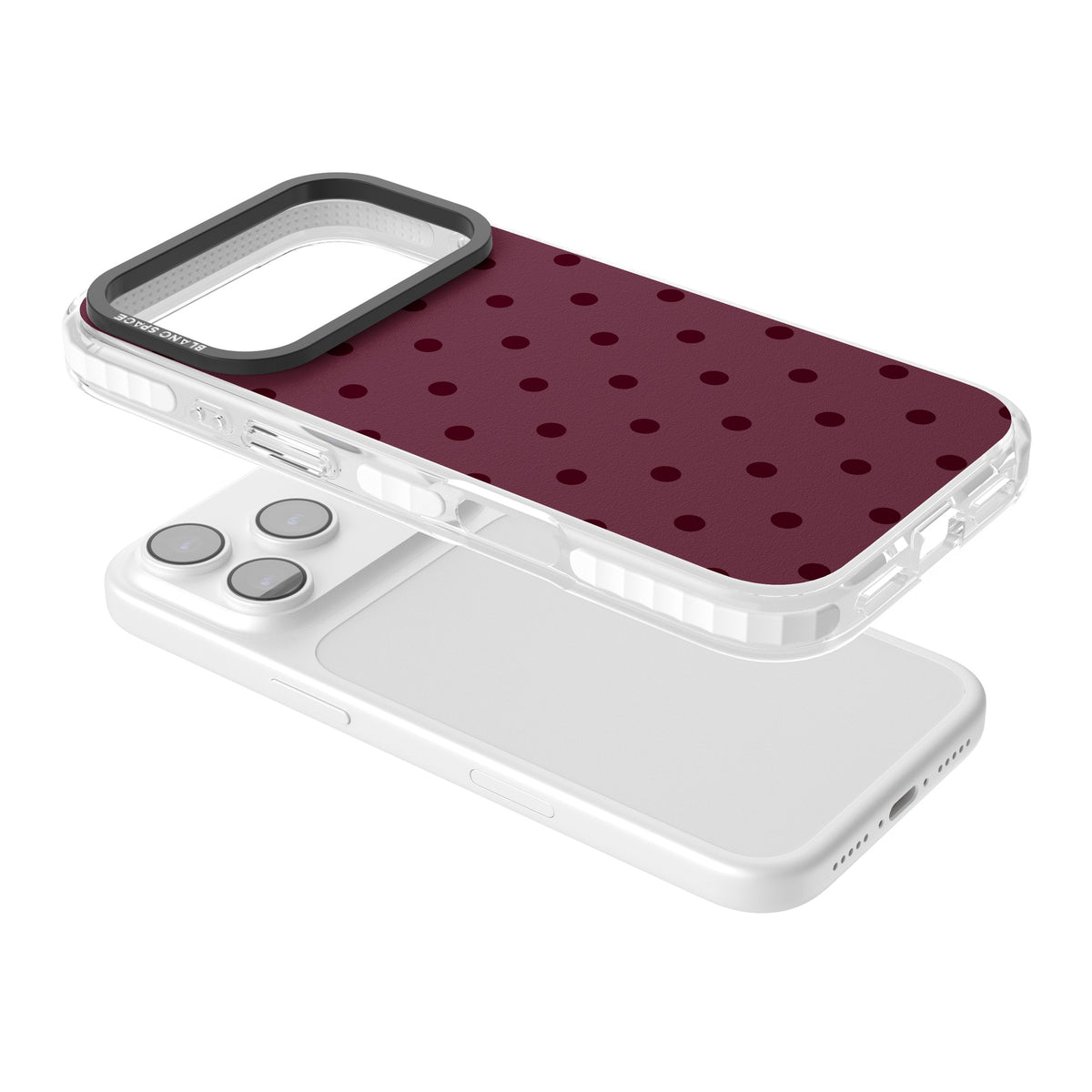 Burgundy Polka Dot minimalist iPhone case featuring black polka dots on a deep burgundy wine red background iPhone 17 Pro Impact Clear Phone Case angled