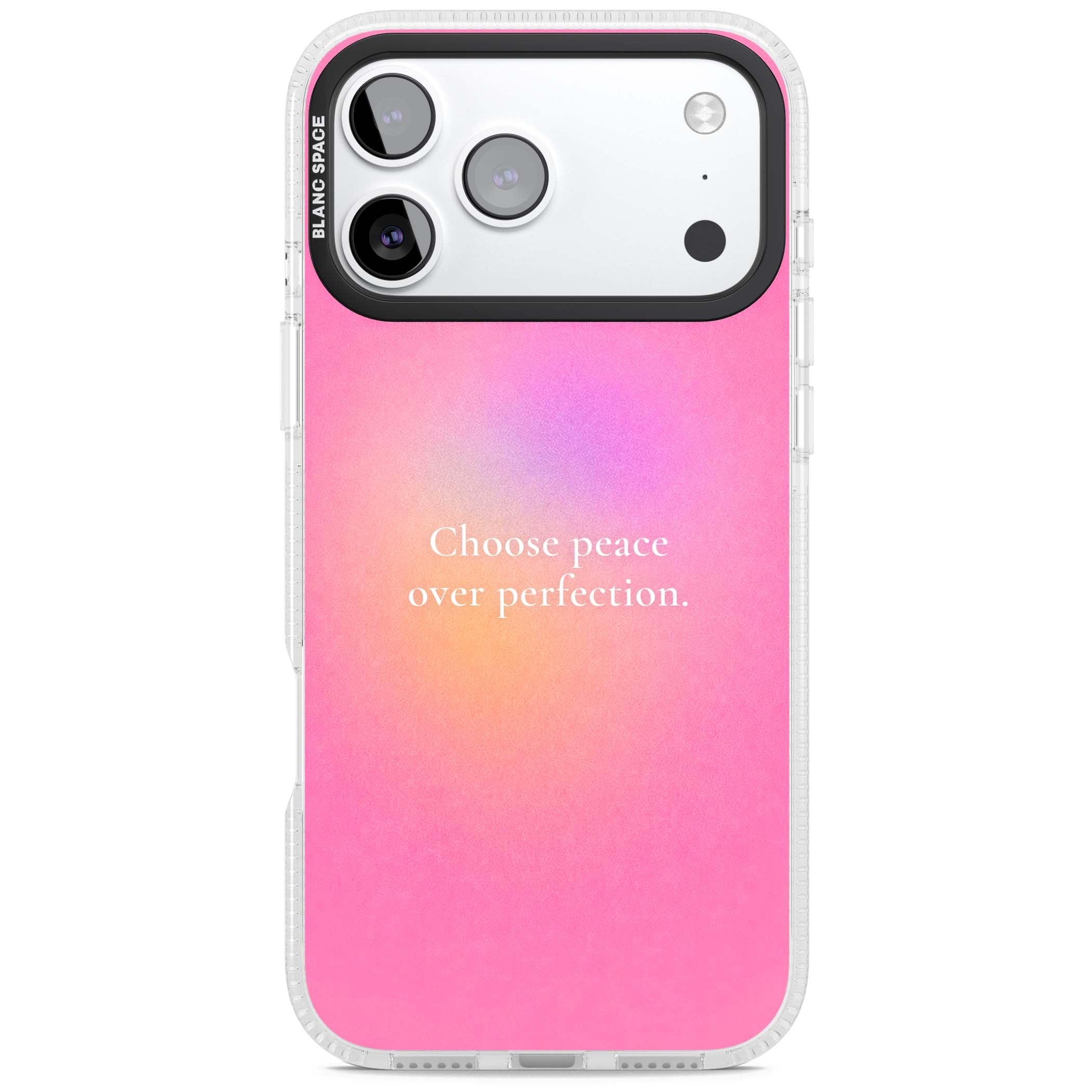 Peace Over Perfection quote iPhone case featuring a dreamy pink aura gradient and delicate white affirmation text | Clear Case Impact Air case for iPhone 17 Pro, iPhone 17 Pro Max