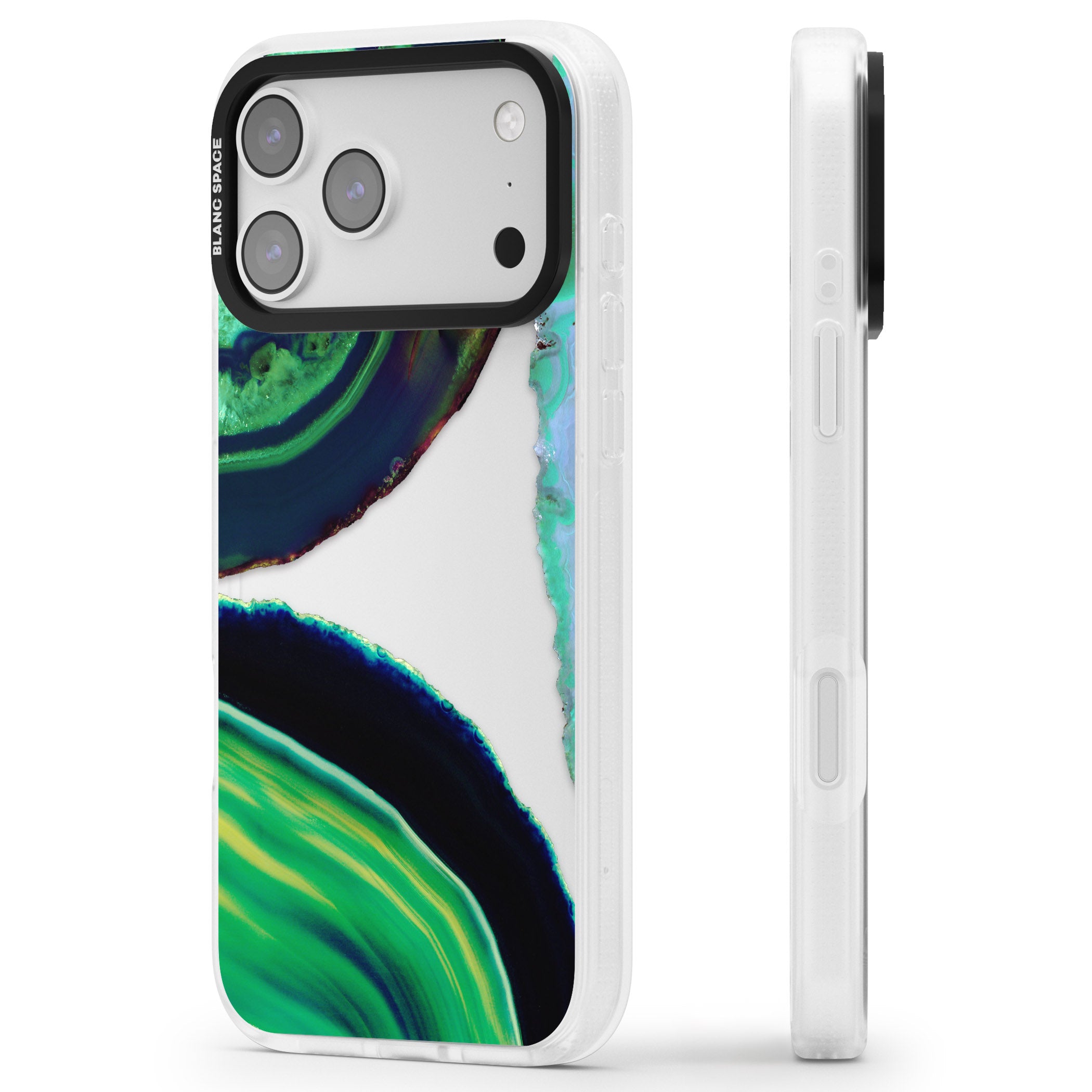 Green Geode Glow iPhone 17 Pro Impact Air Clear Phone Case Side Profile