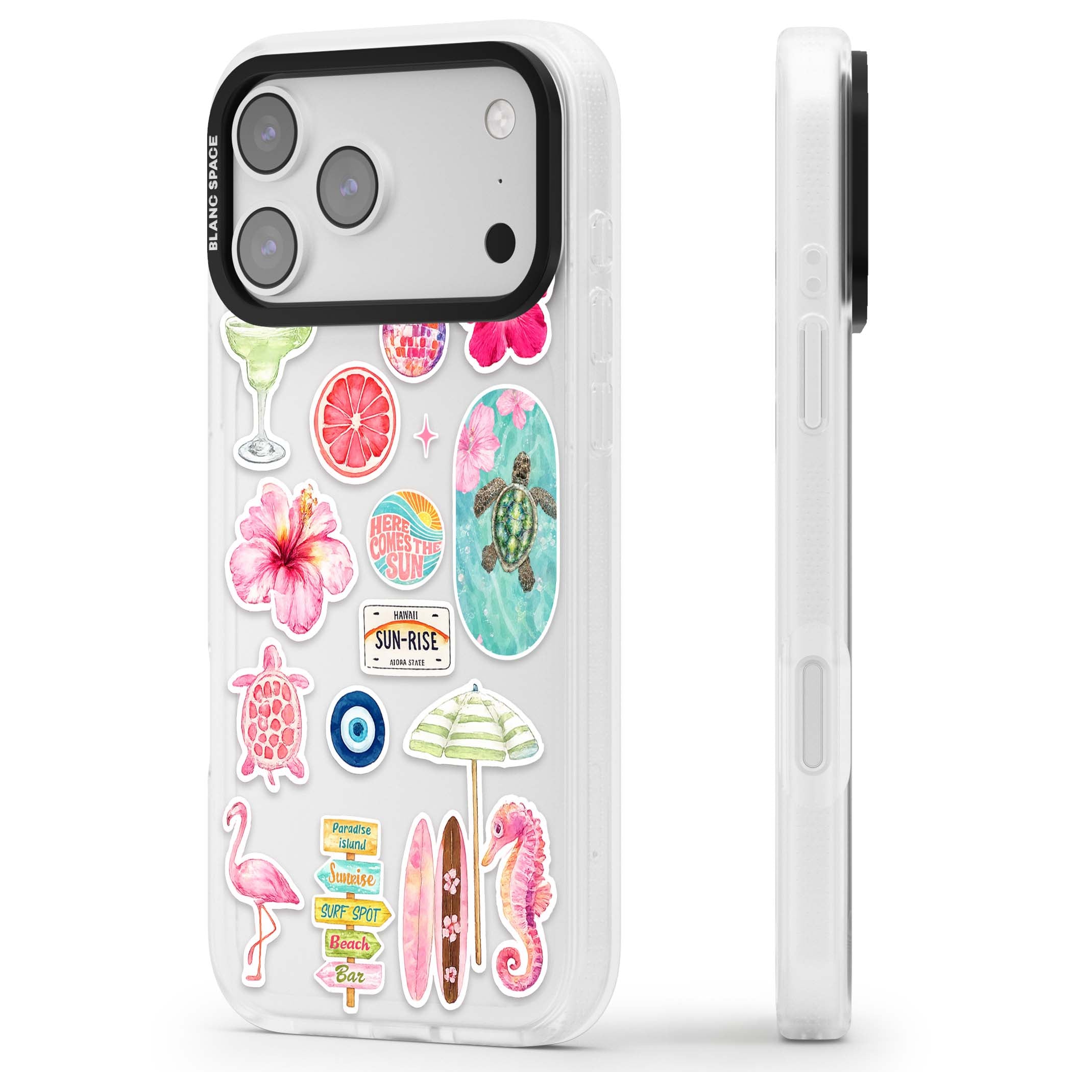Aloha Sticker Mix tropical summer iPhone case featuring pink hibiscus, sea turtles, flamingo and beach umbrella stickers | Clear Case Impact Air case for iPhone 17 Pro, iPhone 17 Pro Max