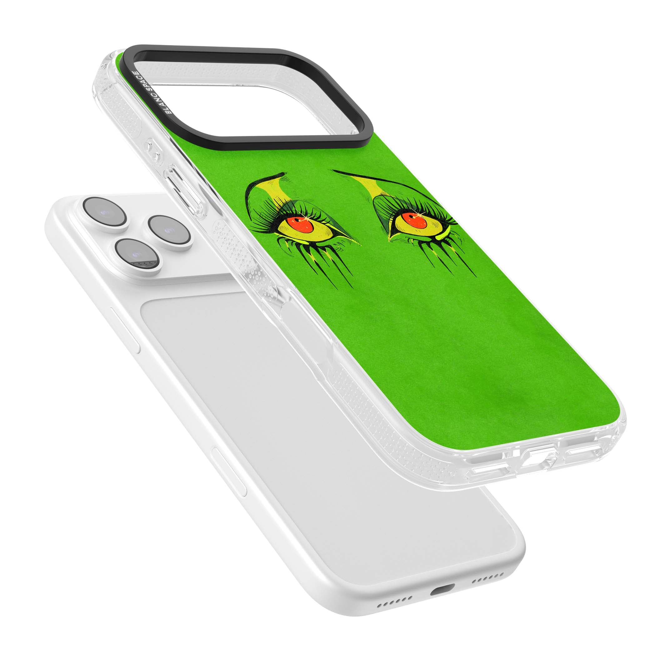 Green Enchanted Eyes psychedelic art iPhone case featuring hand-drawn dripping eyes on neon green background | Clear Case Impact Air case for iPhone 17 Pro, iPhone 17 Pro Max
