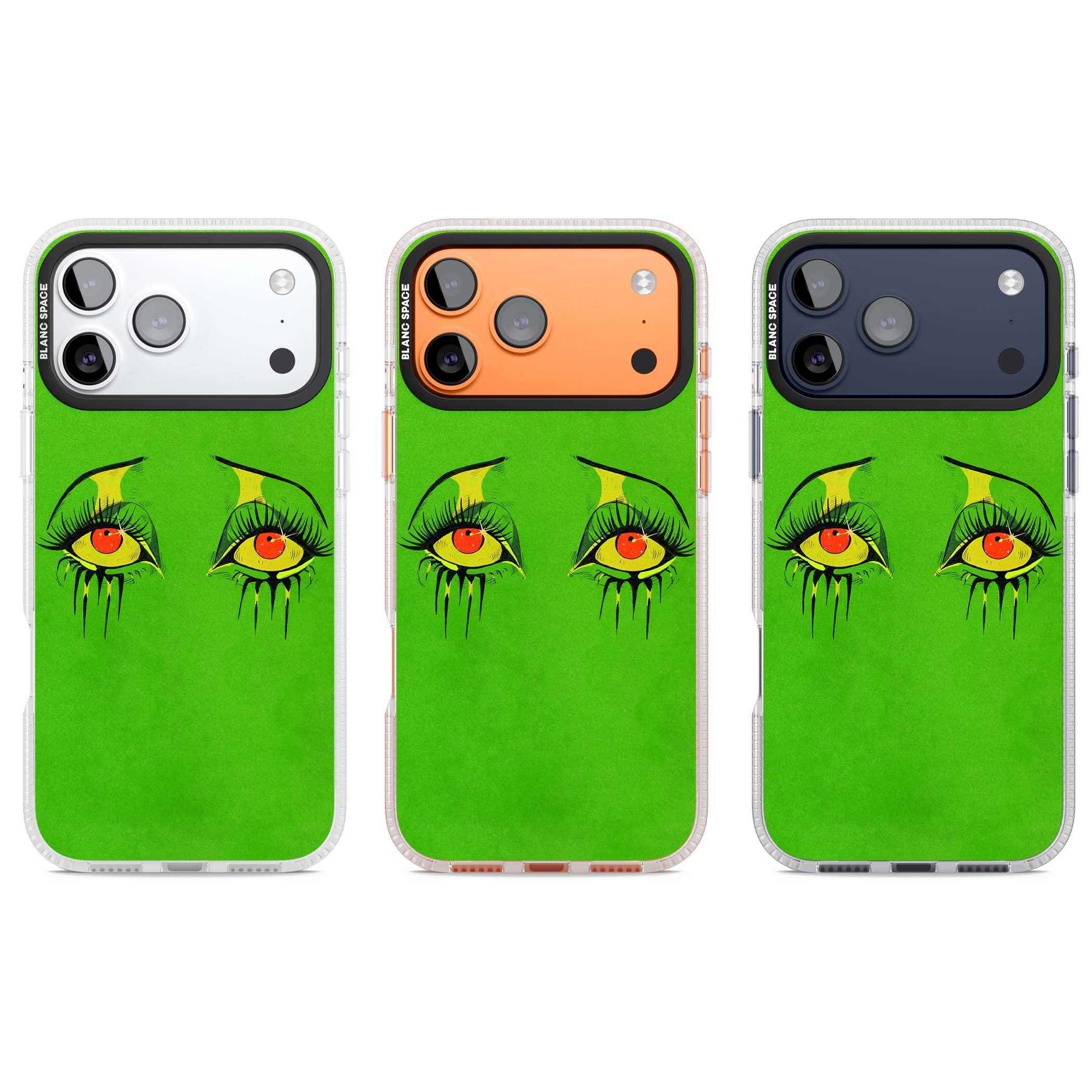 Green Enchanted Eyes psychedelic art iPhone case featuring hand-drawn dripping eyes on neon green background | Clear Case Impact Air case for iPhone 17 Pro, iPhone 17 Pro Max