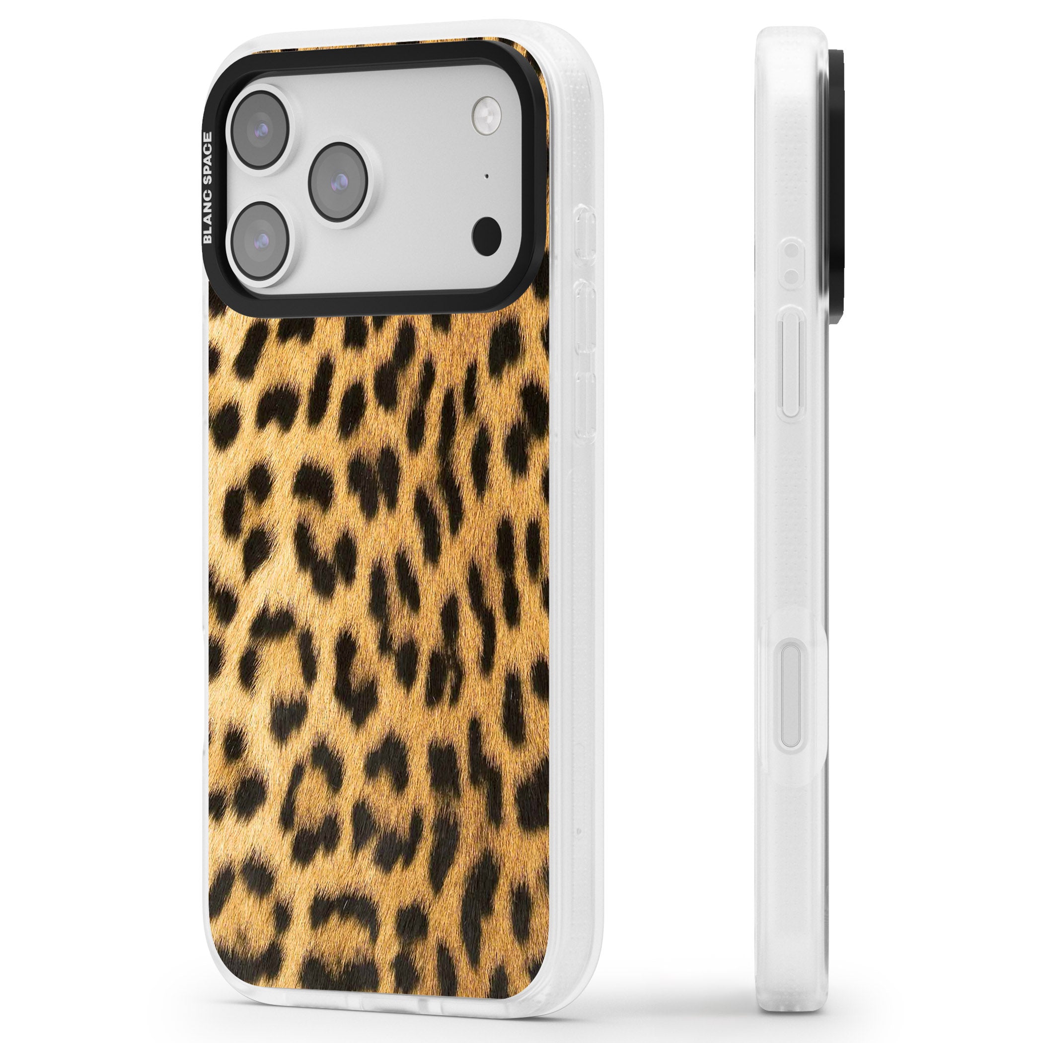 Designer Fashion Gold Leopard Print iPhone 17 Pro Impact Air Clear Phone Case Side Profile