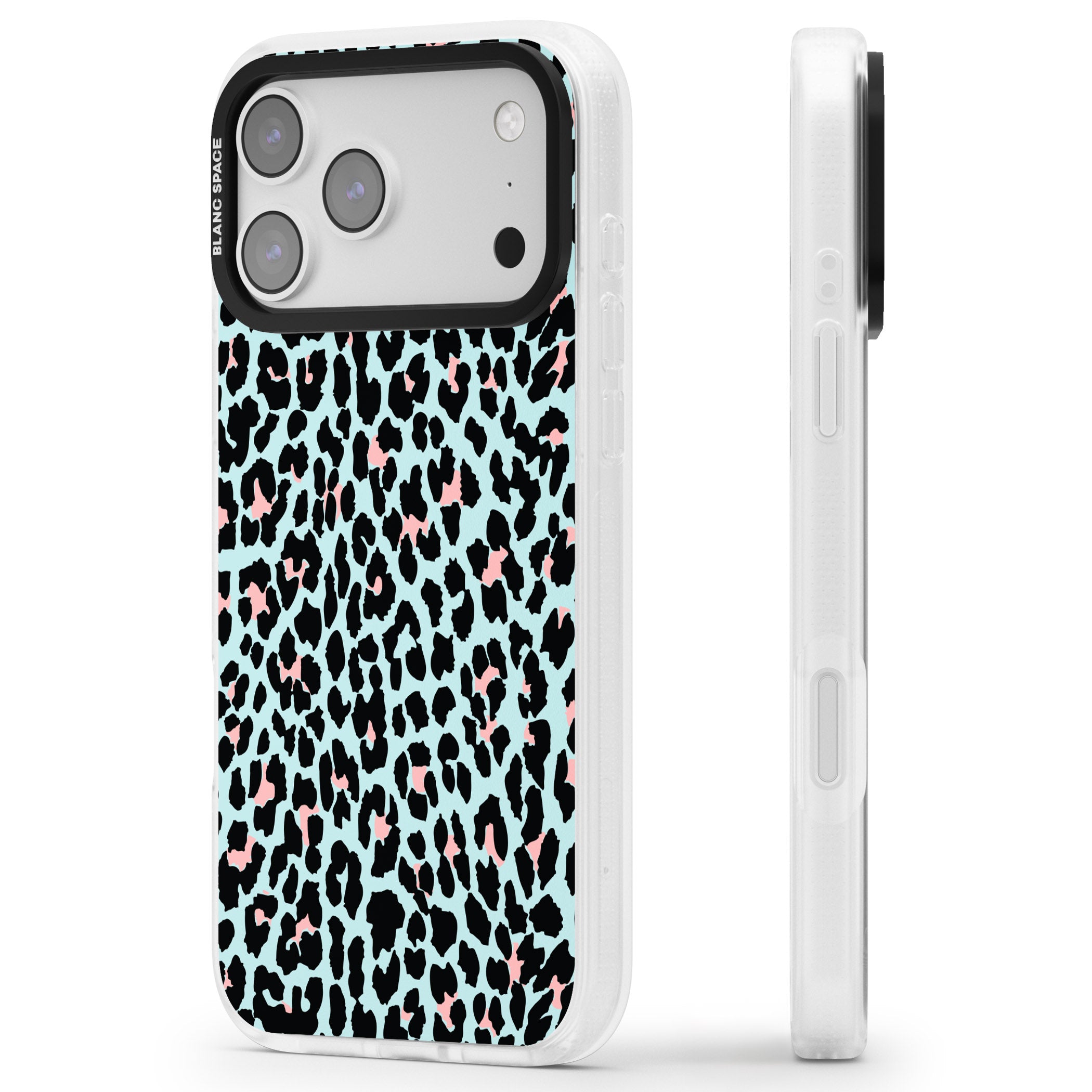 Pastel Blue & Pink Leopard Print iPhone 17 Pro Impact Air Clear Phone Case Side Profile