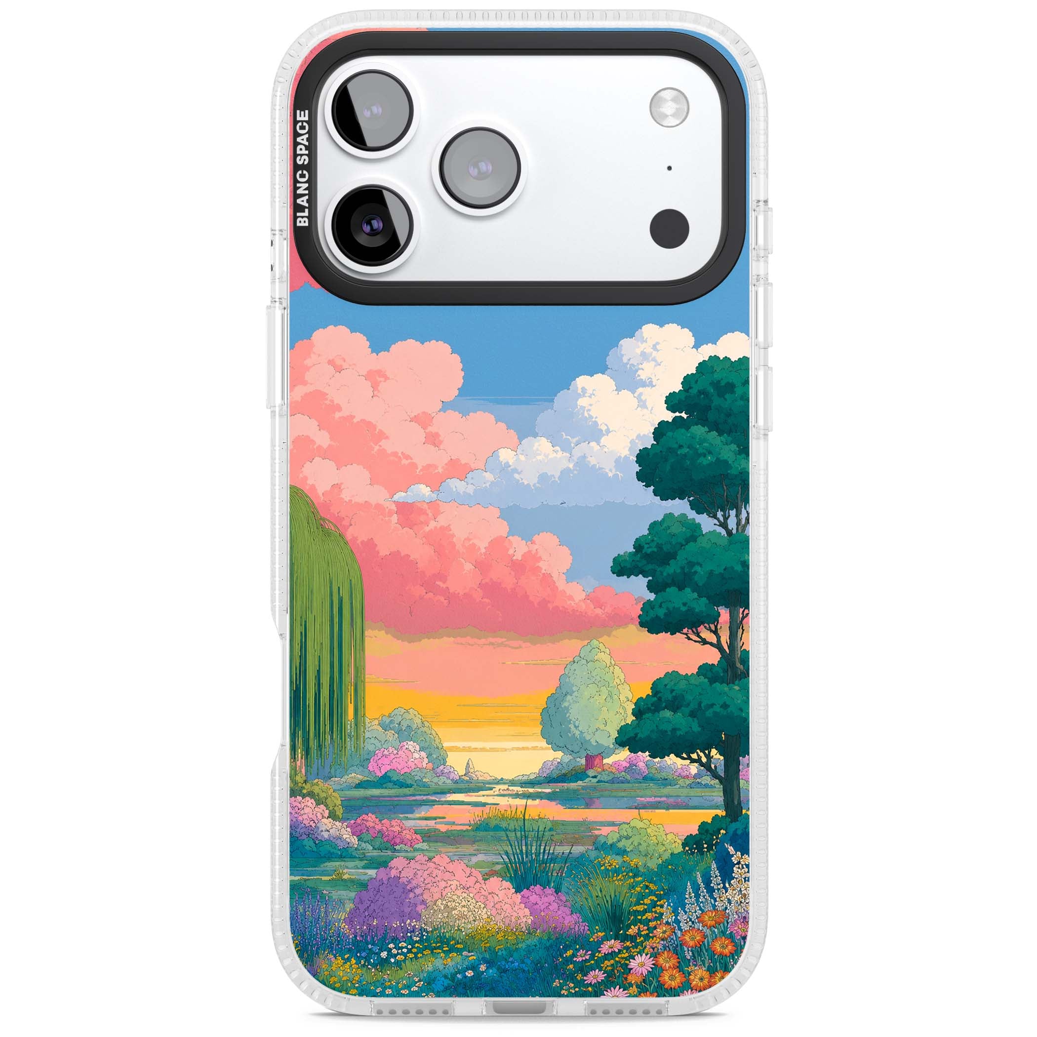 Dream Valley anime landscape iPhone case featuring pink sunset clouds, willow trees and wildflowers | Clear Case Impact Air case for iPhone 17 Pro, iPhone 17 Pro Max