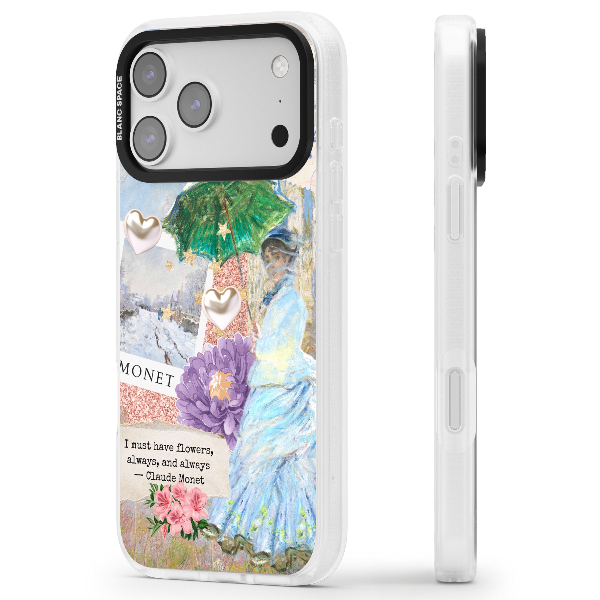 Monet 'Must Have Flowers' Collage iPhone 17 Pro Impact Air Clear Phone Case Side Profile