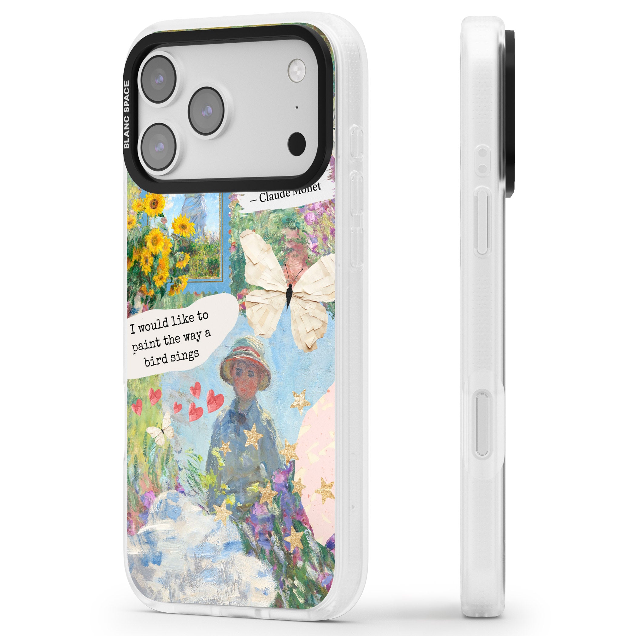 Monet 'Way A Bird Sings' Collage iPhone 17 Pro Impact Air Clear Phone Case Side Profile