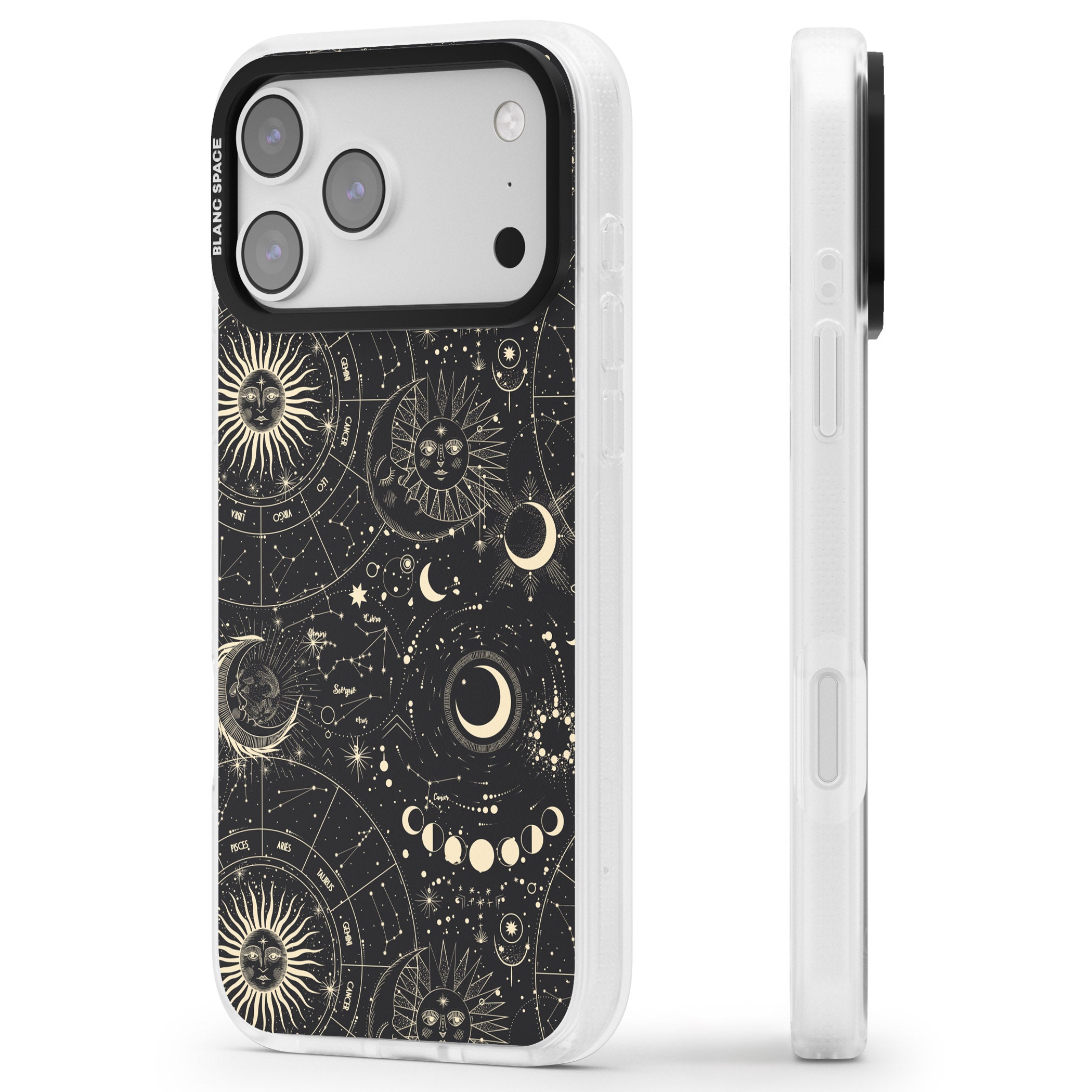 Celestial Suns, Moons & Zodiacs iPhone 17 Pro Impact Air Clear Phone Case Side Profile