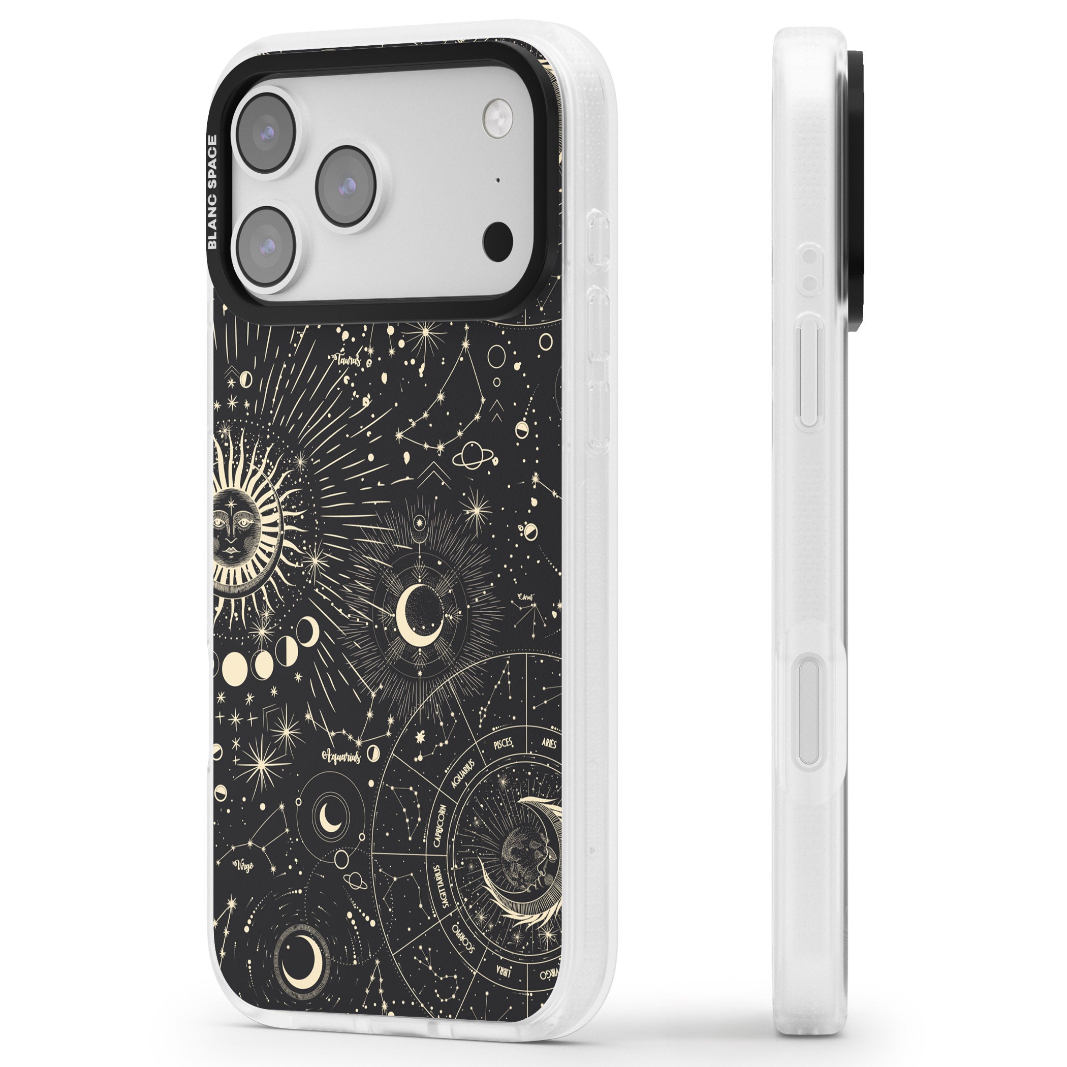 Suns & Zodiac Celestial Chart iPhone 17 Pro Impact Air Clear Phone Case Side Profile