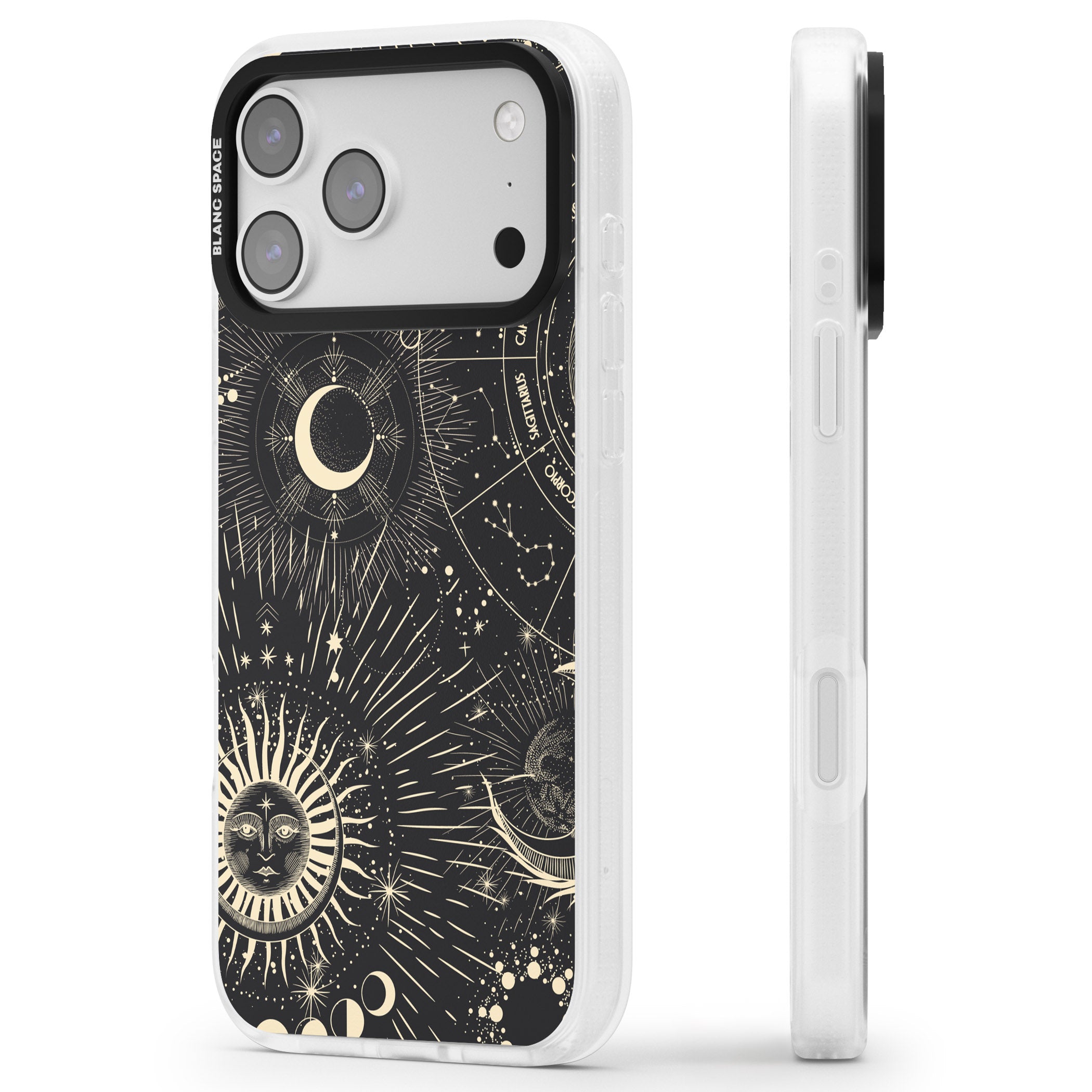 Cosmic Sun & Symbols Zodiac iPhone 17 Pro Impact Air Clear Phone Case Side Profile