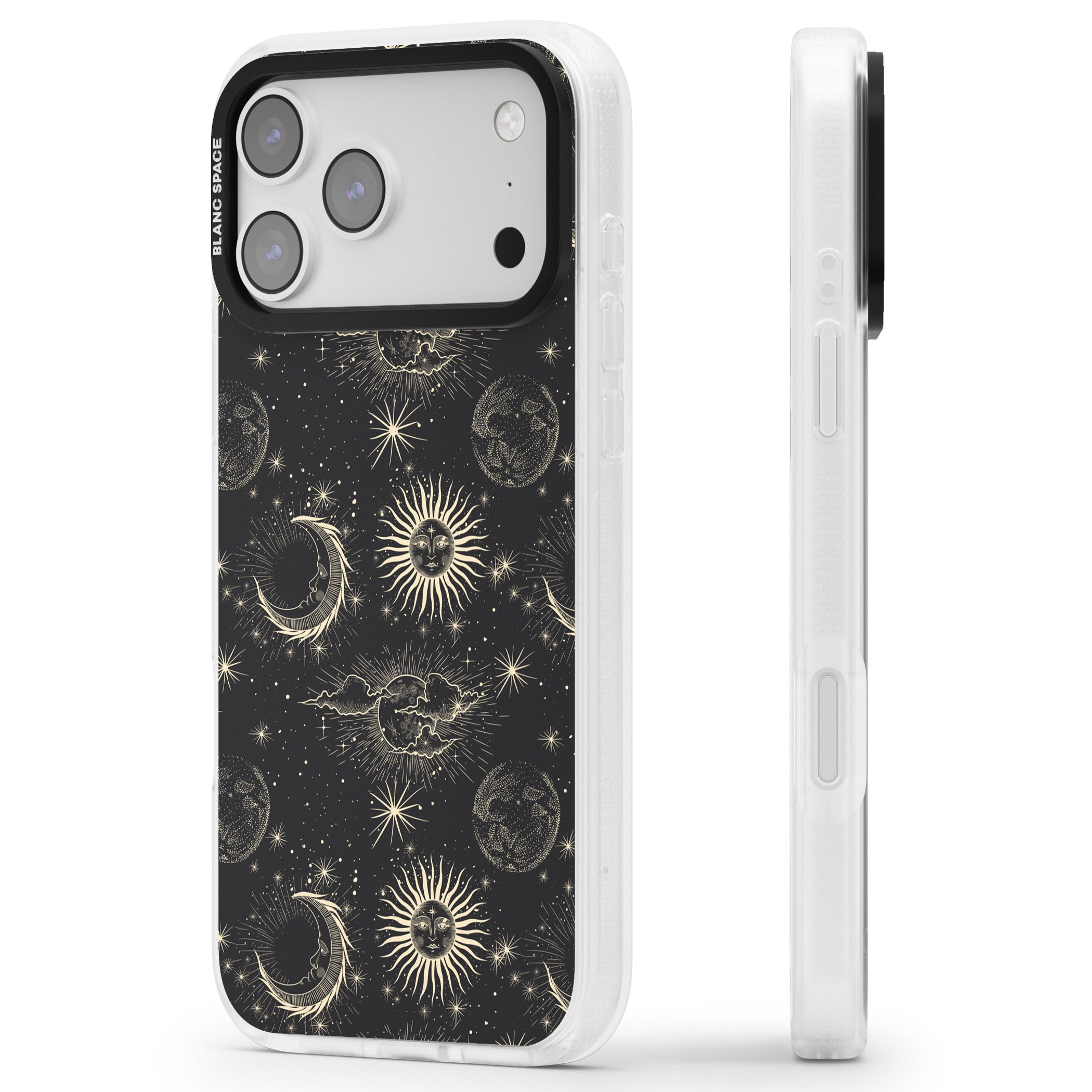 Suns & Moons Celestial Night iPhone 17 Pro Impact Air Clear Phone Case Side Profile