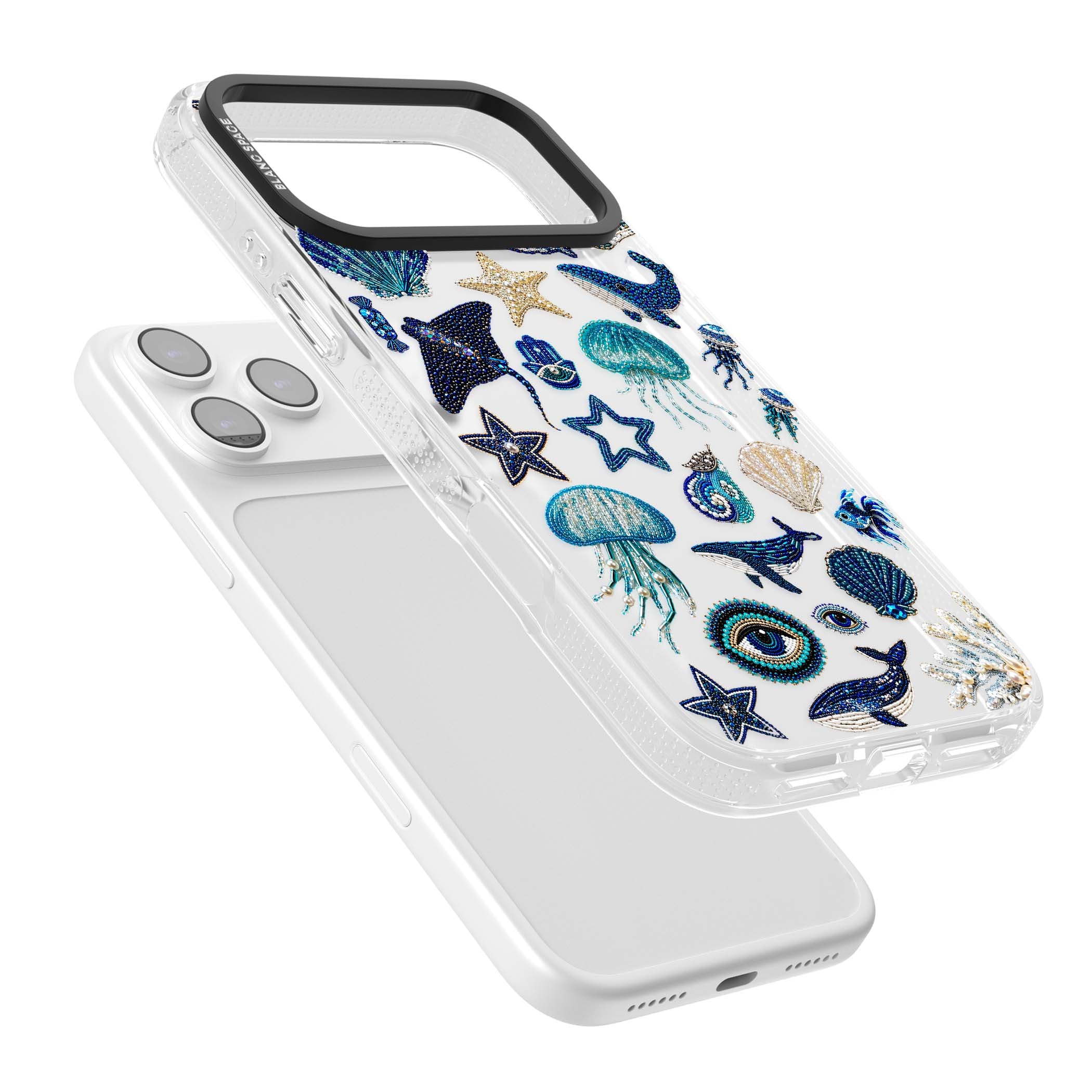 Beaded Coastal coastal iPhone case featuring embroidered seashells, jellyfish and a blue whale on clear | Clear Case Impact Air case for iPhone 17 Pro, iPhone 17 Pro Max