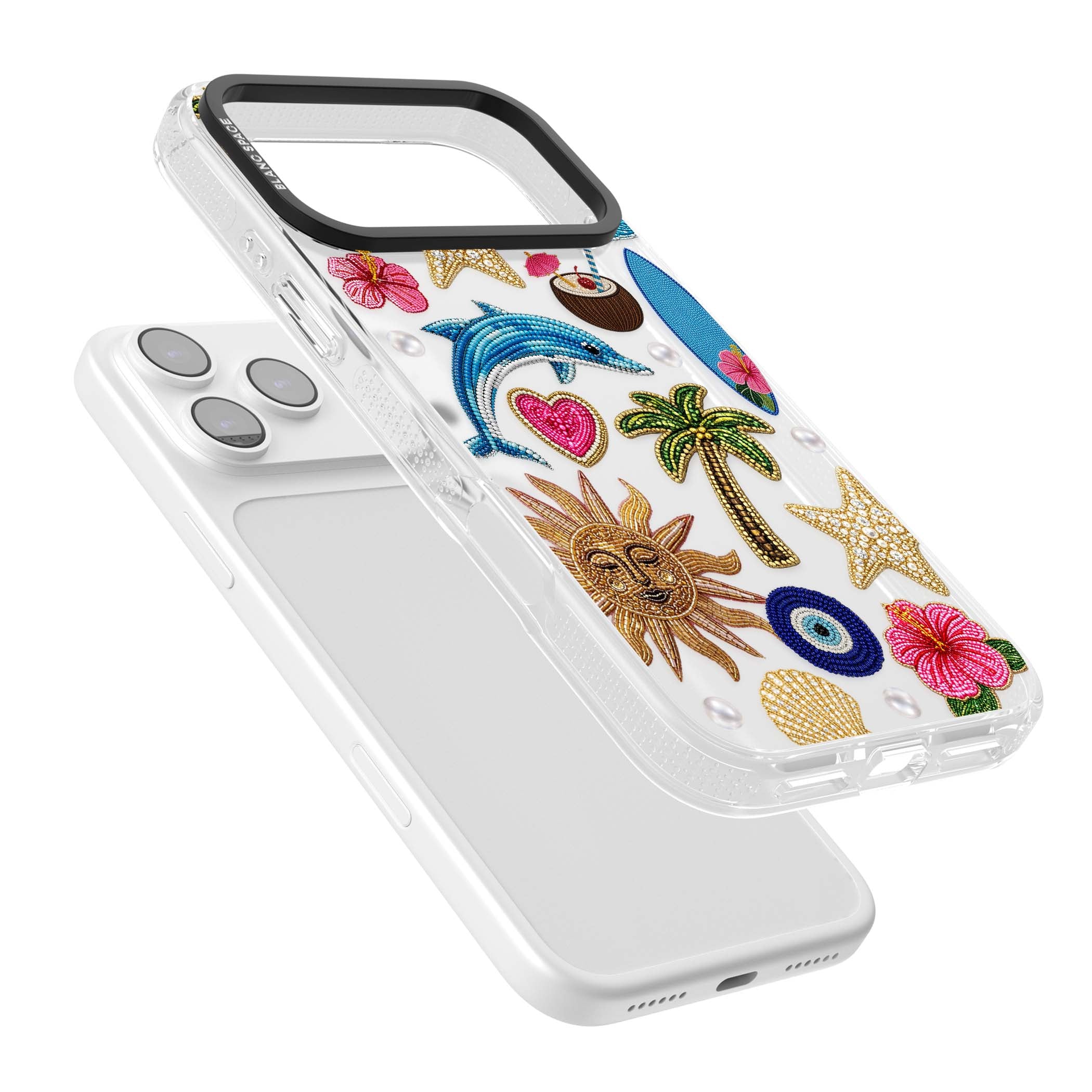 Beaded Beach coastal summer iPhone case featuring embroidered evil eye, hibiscus flowers, dolphin and palm tree patches | Clear Case Impact Air case for iPhone 17 Pro, iPhone 17 Pro Max