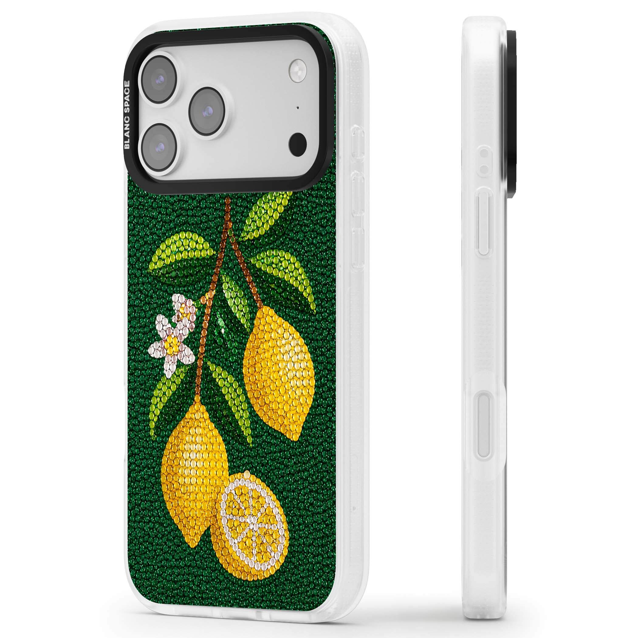 Beaded Lemons coastal iPhone case featuring crystal-beaded lemons, citrus blossom and green leaves on emerald ground | Clear Case Impact Air case for iPhone 17 Pro, iPhone 17 Pro Max