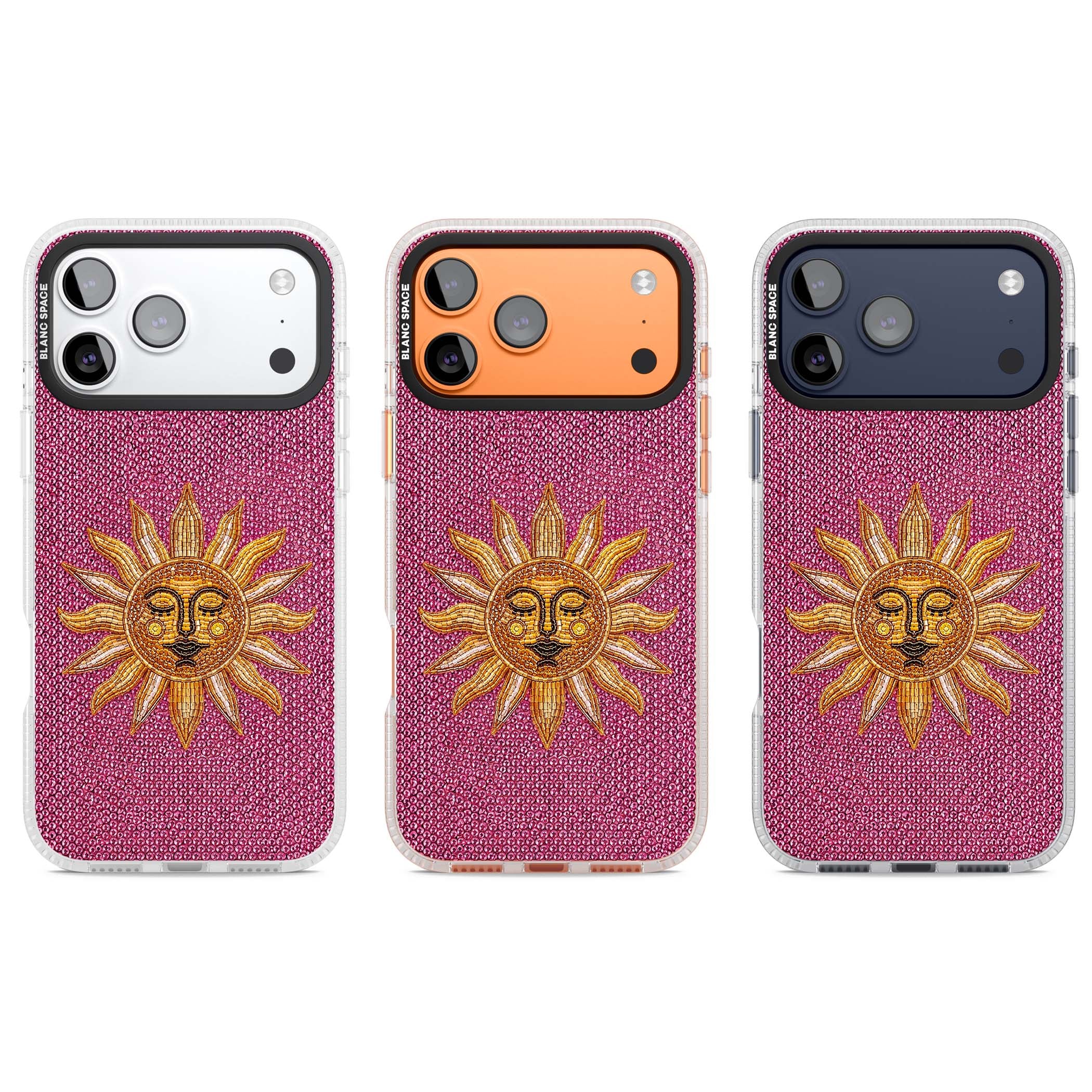 Beaded Sun celestial iPhone case featuring a golden beaded sun face with radiant rays on hot pink beaded background | Clear Case Impact Air case for iPhone 17 Pro, iPhone 17 Pro Max