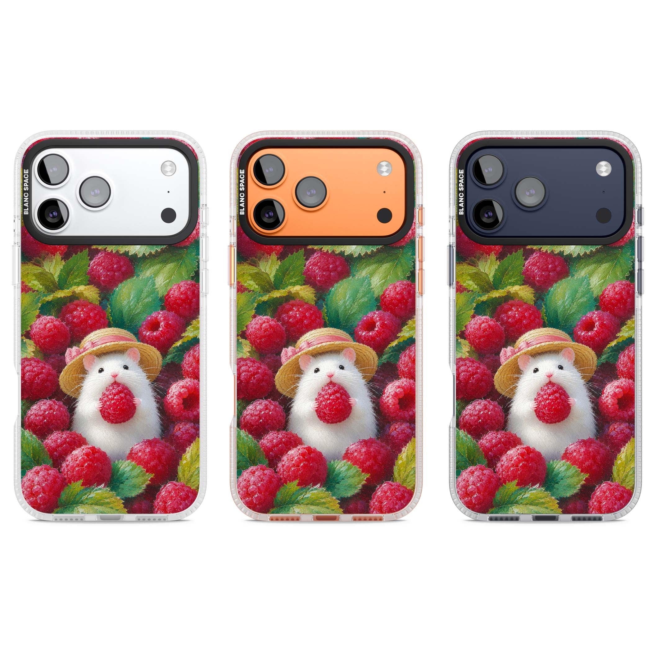 Berry Forager cottagecore iPhone case featuring a white hamster in a straw hat holding a raspberry surrounded by ripe ber | Clear Case Impact Air case for iPhone 17 Pro, iPhone 17 Pro Max