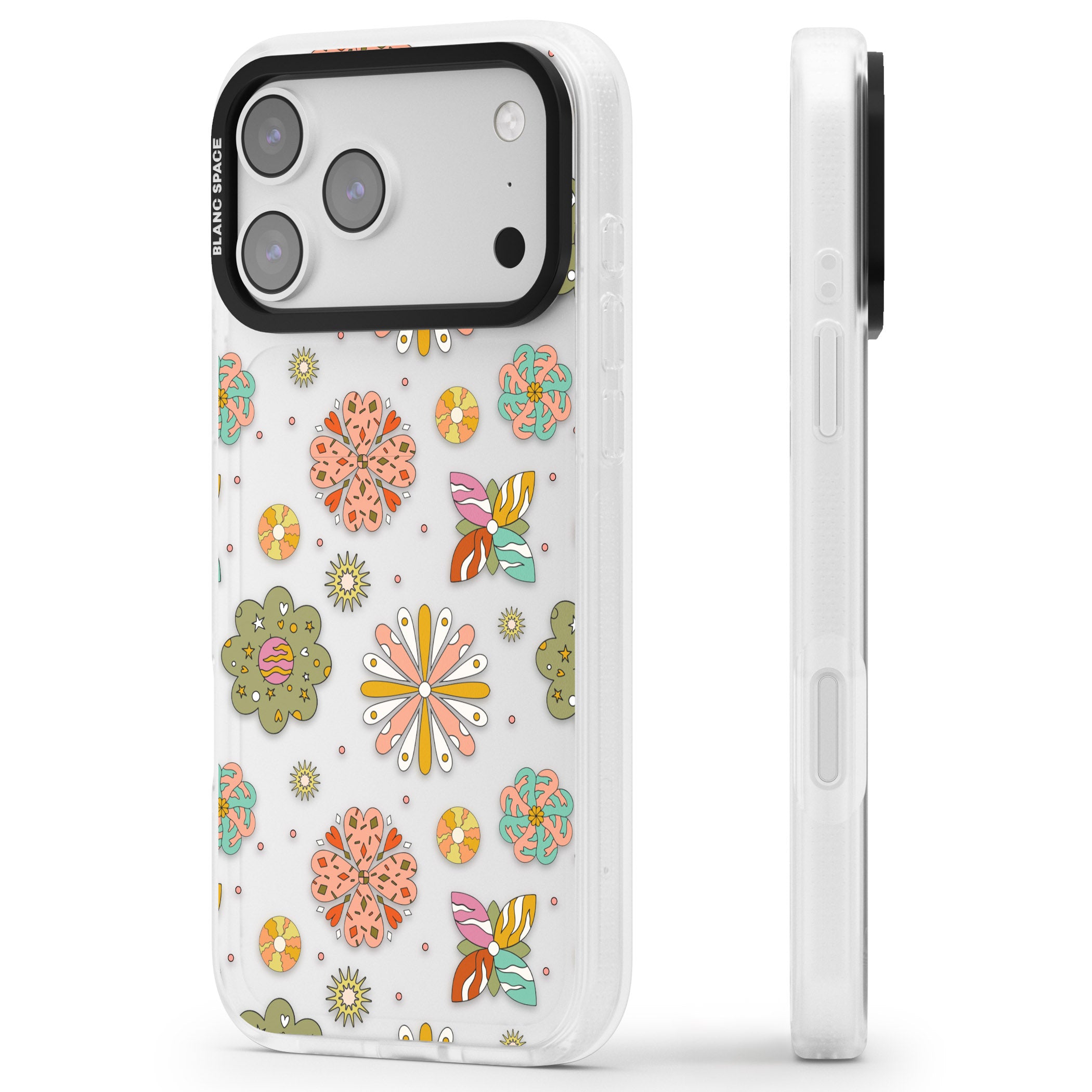 Boho Celestial Psychedelic Floral iPhone 17 Pro Impact Air Clear Phone Case Side Profile