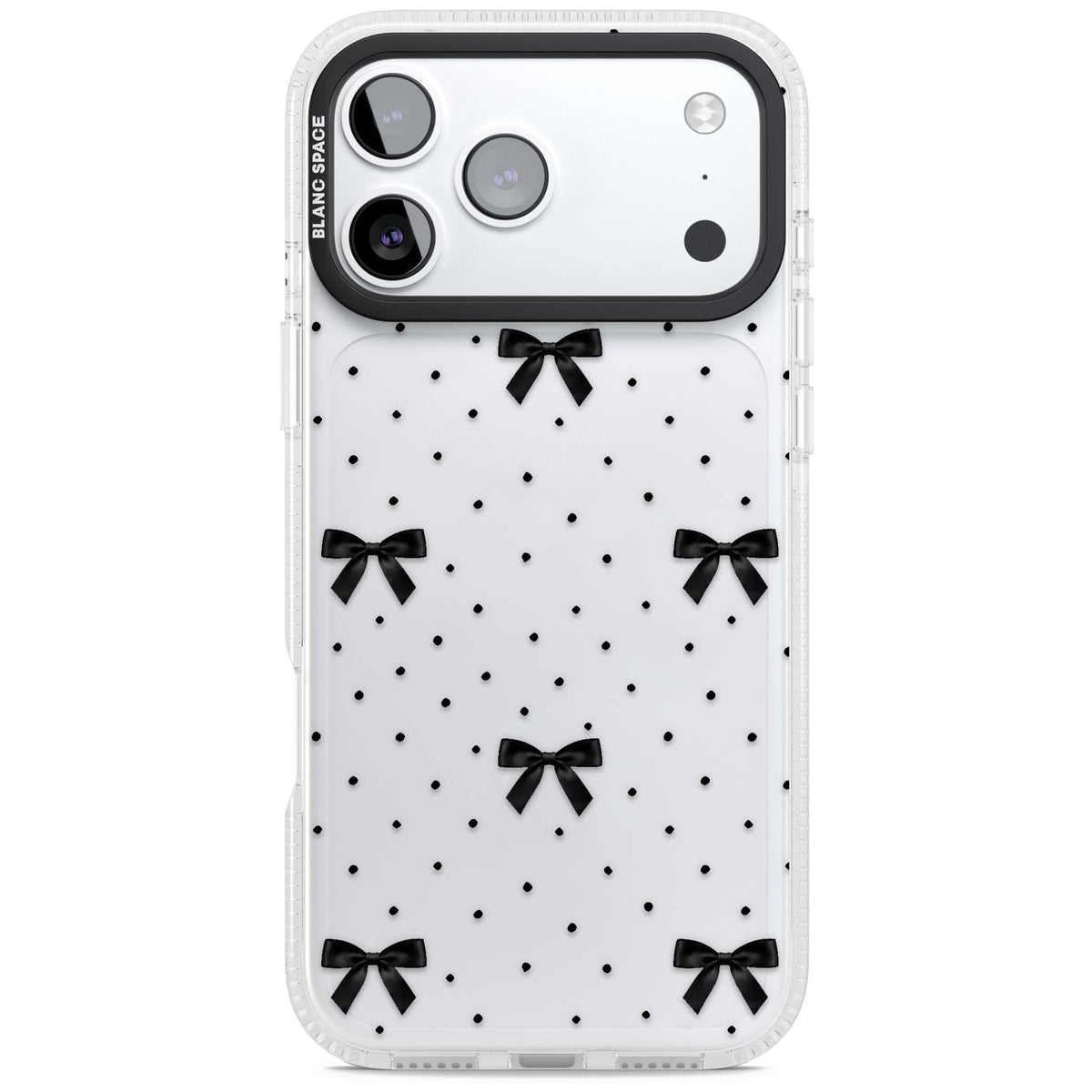 Black Polka Bows coquette iPhone case featuring scattered black satin bows and tiny polka dots on a clear base | Clear Case Impact Air case for iPhone 17 Pro, iPhone 17 Pro Max