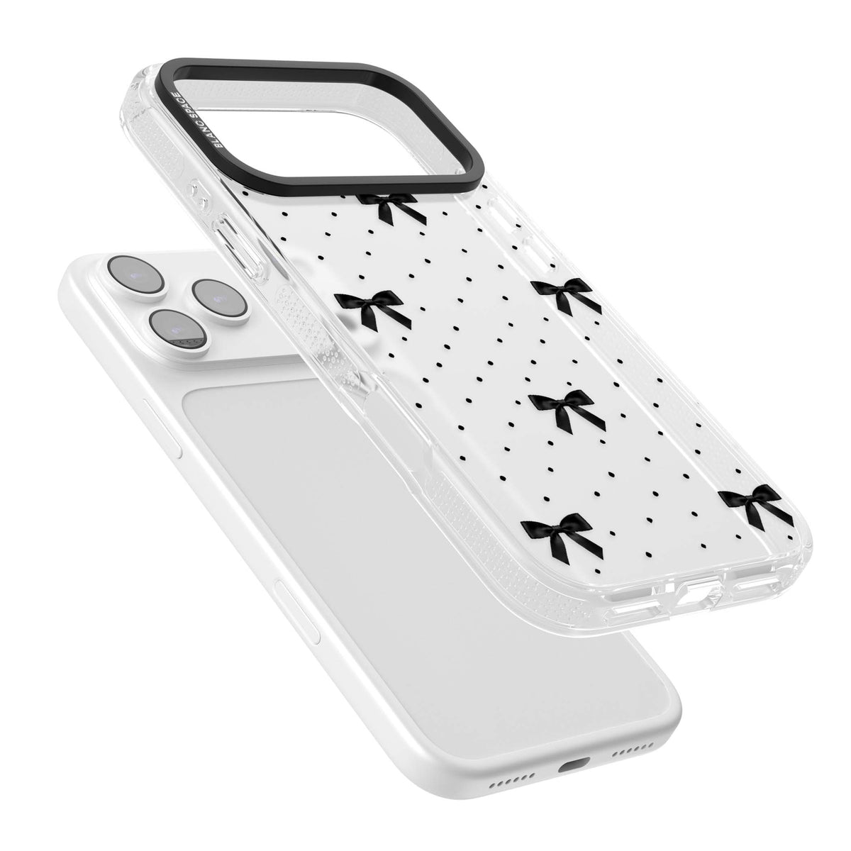 Black Polka Bows coquette iPhone case featuring scattered black satin bows and tiny polka dots on a clear base | Clear Case Impact Air case for iPhone 17 Pro, iPhone 17 Pro Max