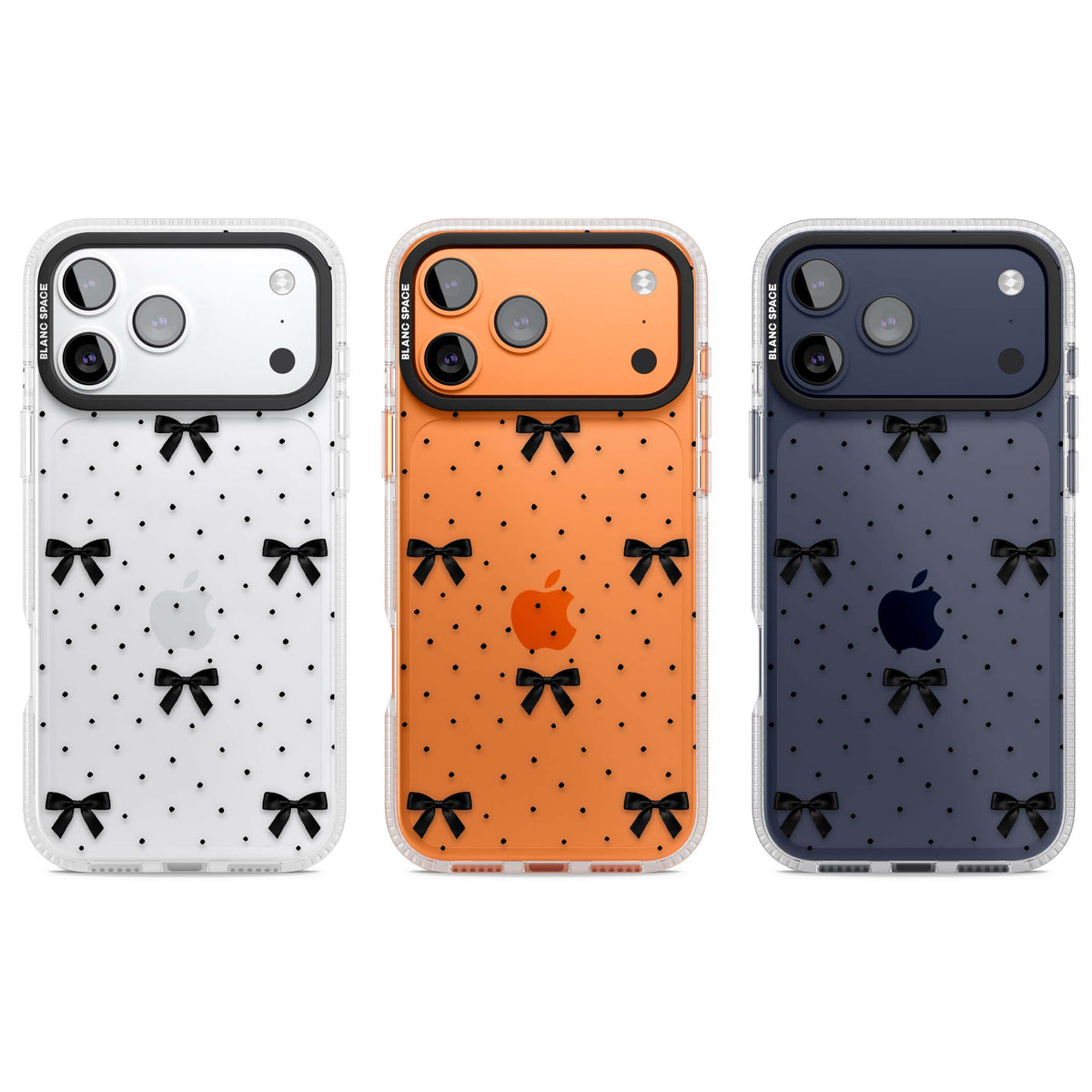 Black Polka Bows coquette iPhone case featuring scattered black satin bows and tiny polka dots on a clear base | Clear Case Impact Air case for iPhone 17 Pro, iPhone 17 Pro Max