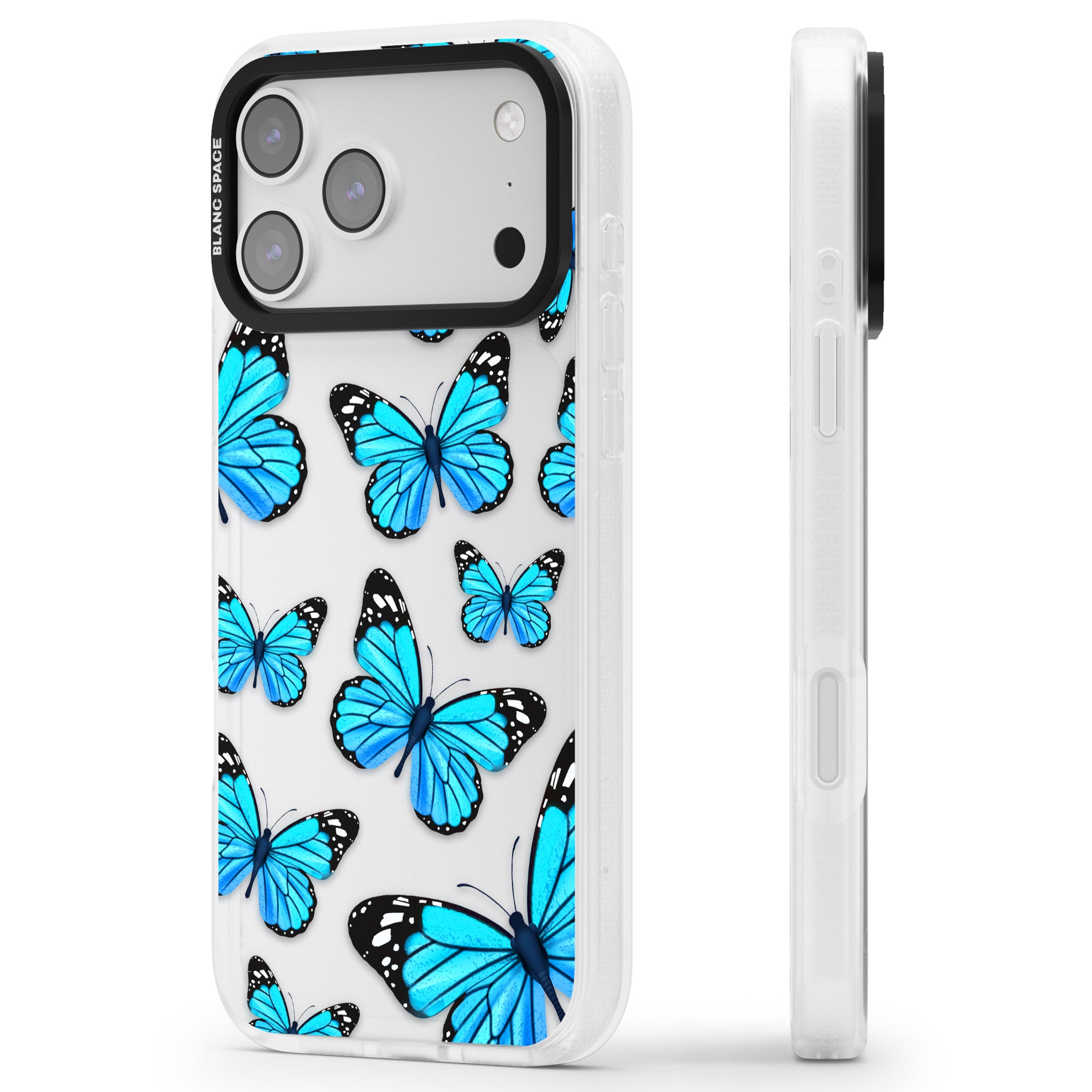 Blue Butterflies iPhone 17 Pro Impact Air Clear Phone Case Side Profile