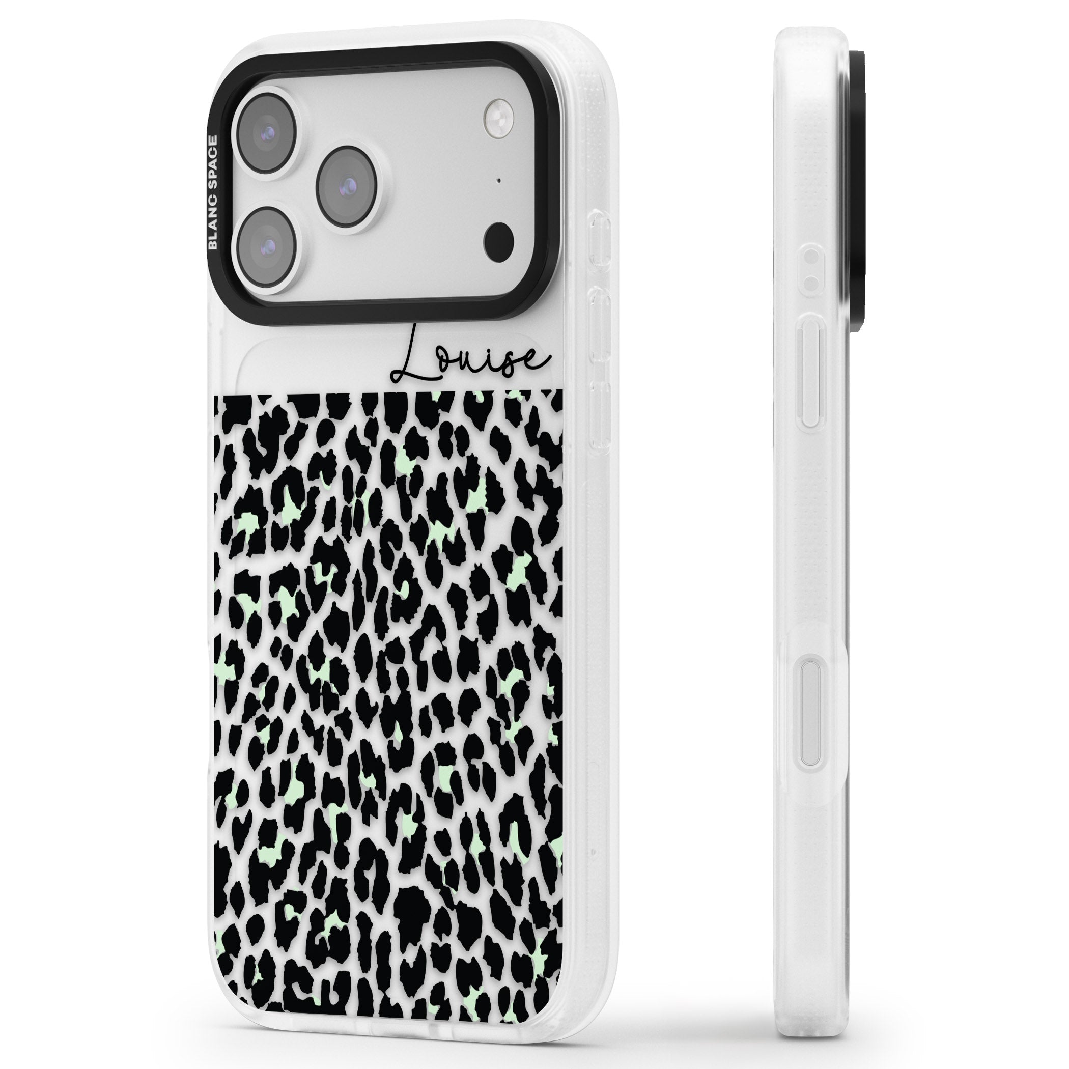 Personalised Seafoam Leopard iPhone 17 Pro Impact Air Clear Phone Case Side Profile