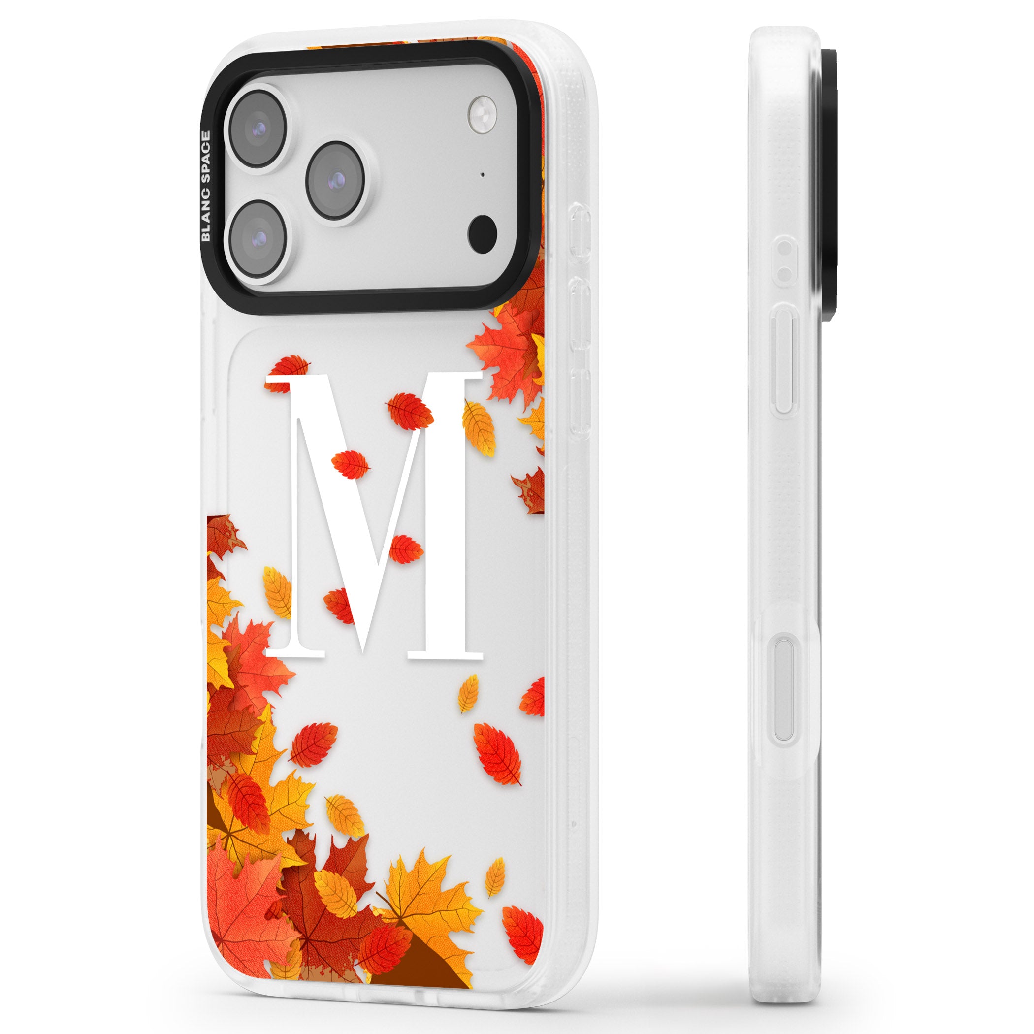 Personalised Autumn Leaves Monogram iPhone 17 Pro Impact Air Clear Phone Case Side Profile