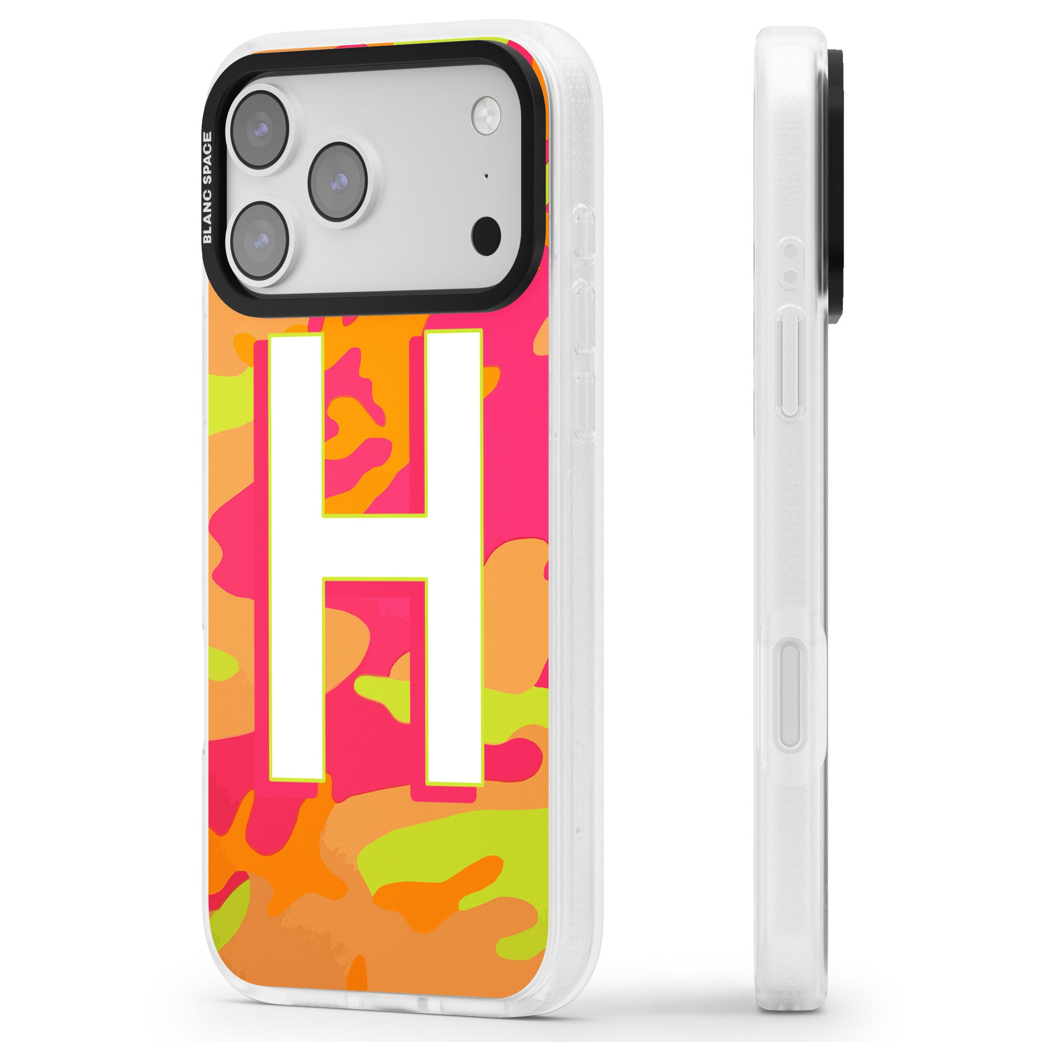 Personalised Neon Camo iPhone 17 Pro Impact Air Clear Phone Case Side Profile