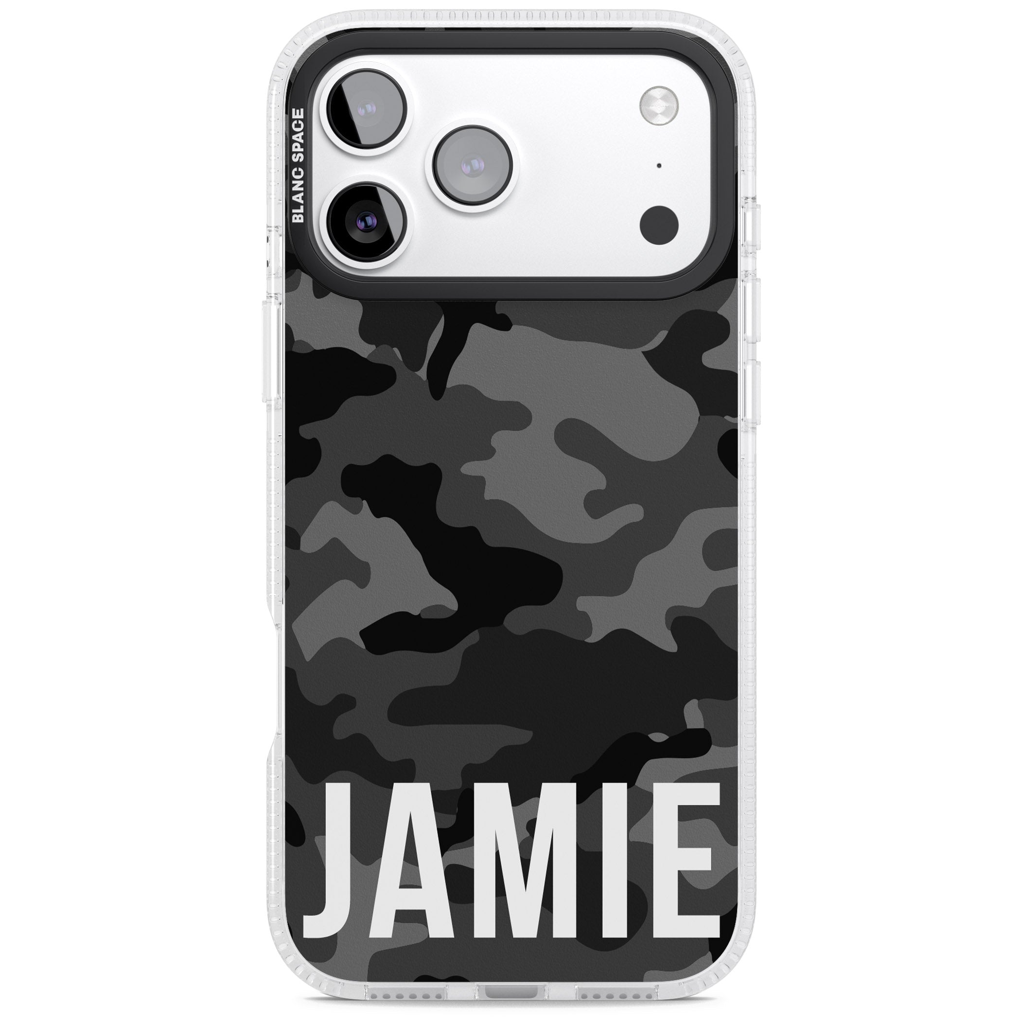 Personalised Black Camo Name Horizontal iPhone 17 Pro Impact Air Clear Phone Case