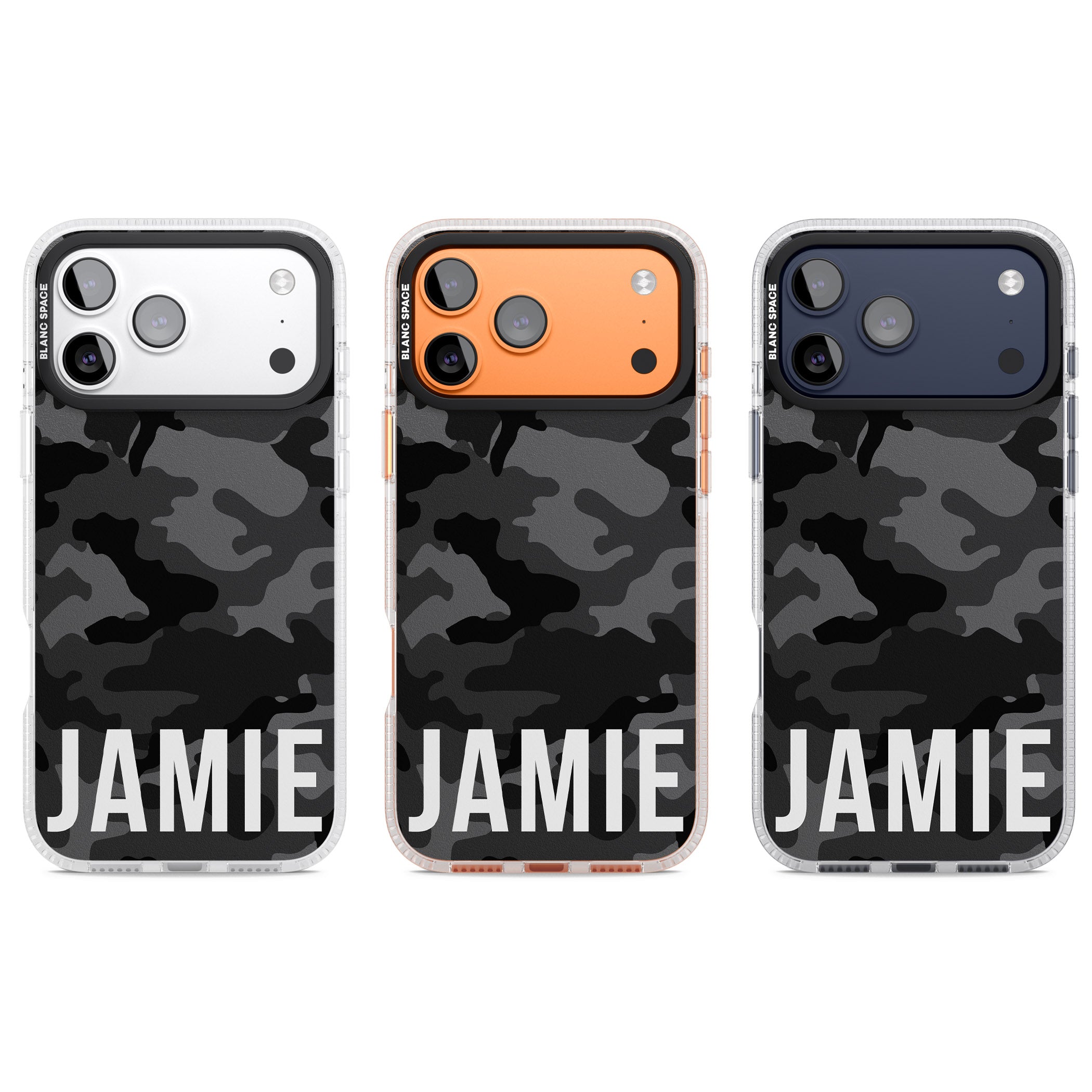 Personalised Black Camo Name Horizontal iPhone 17 Pro Impact Air Clear Phone Case APT Impact Protection