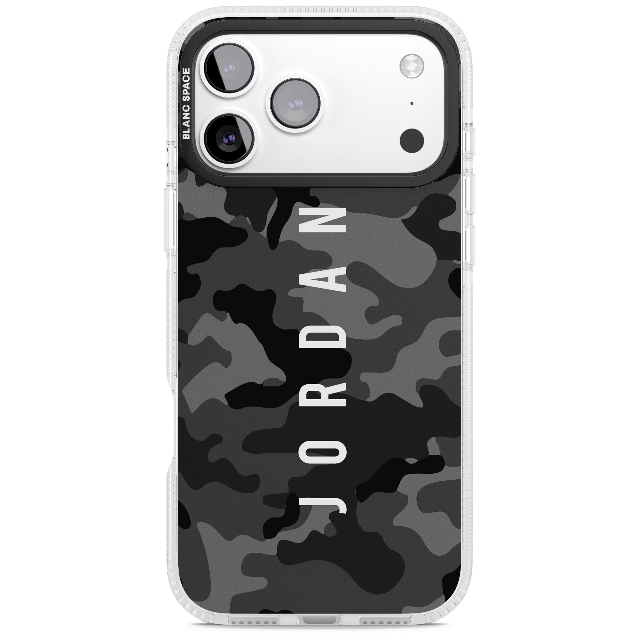 Personalised Black Camouflage Name iPhone 17 Pro Impact Air Clear Phone Case