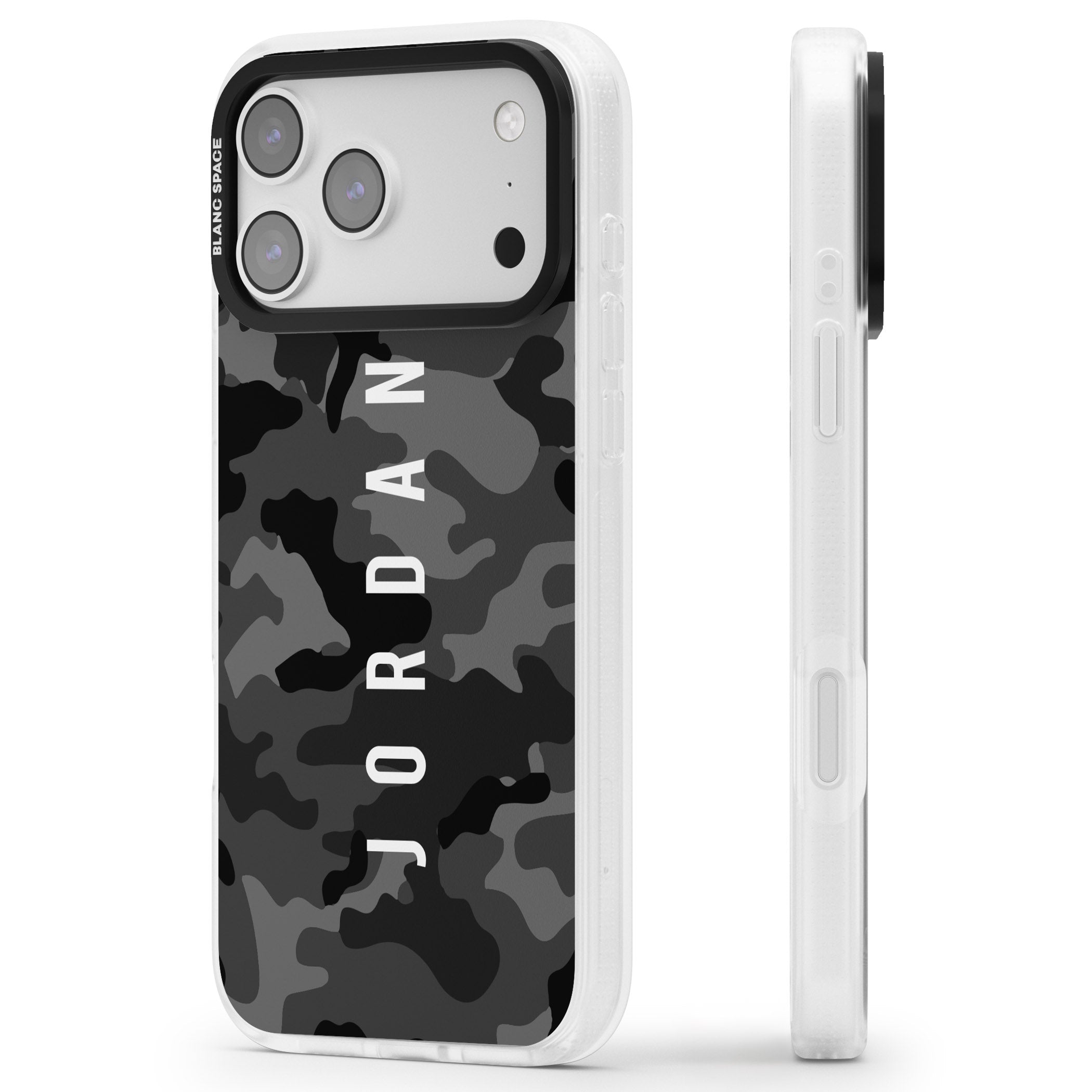 Personalised Black Camouflage Name iPhone 17 Pro Impact Air Clear Phone Case Side Profile