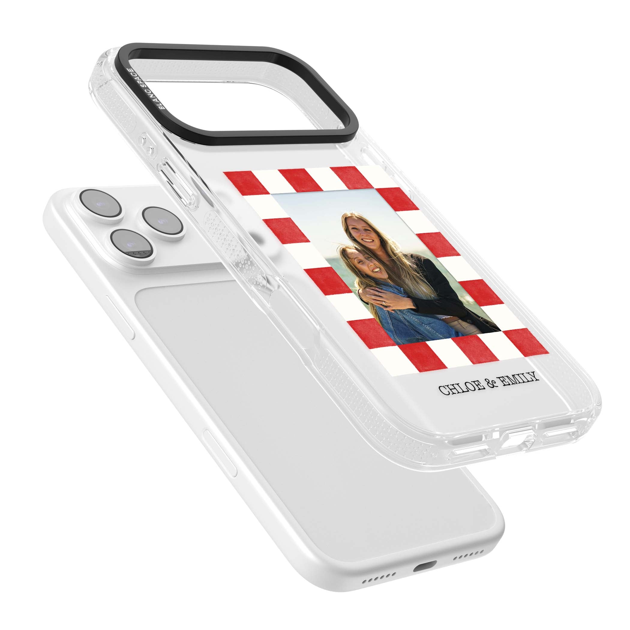 Red Check Photo personalised photo iPhone case with red and white checkered polaroid frame and custom couple name | Clear Case Impact Air case for iPhone 17 Pro, iPhone 17 Pro Max