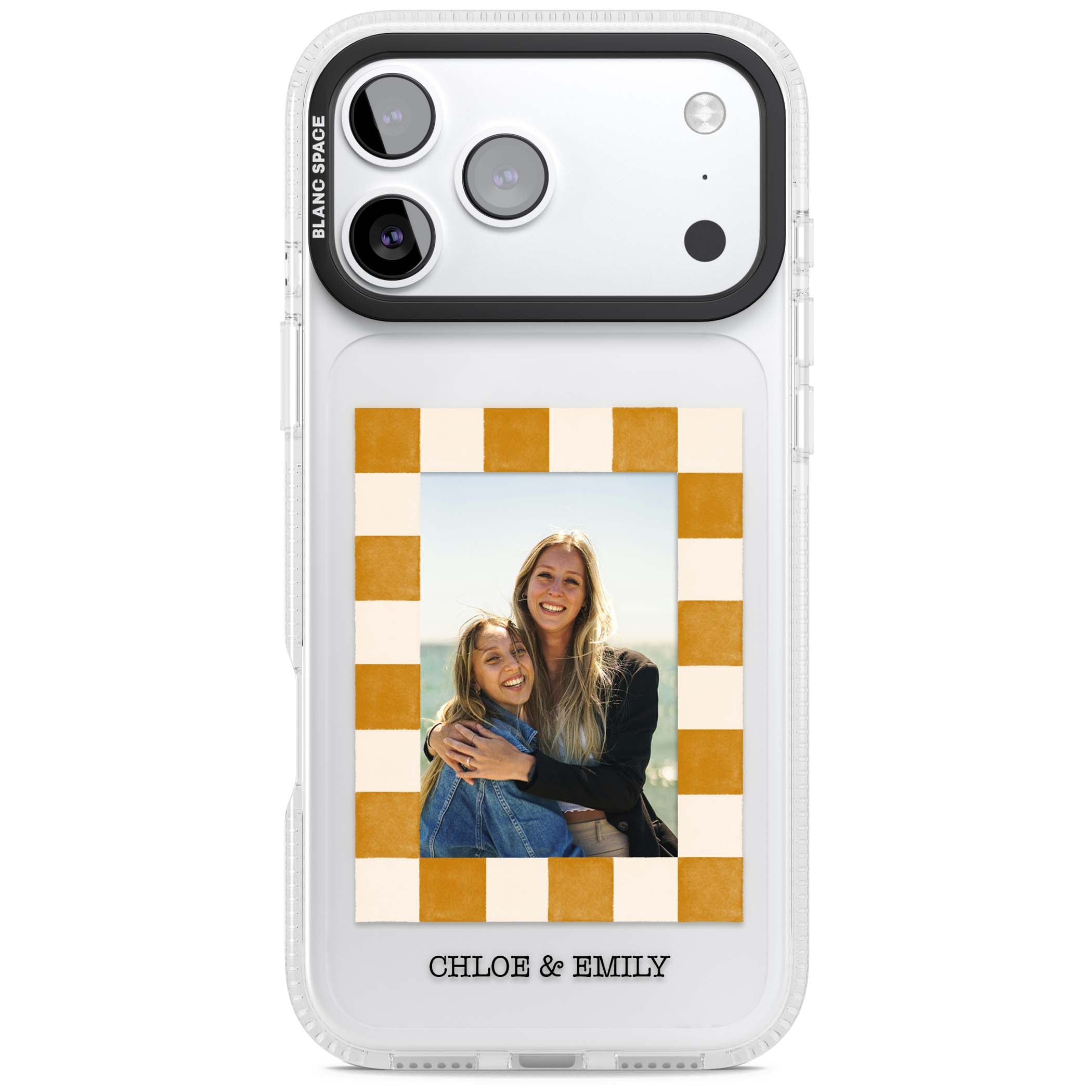 Citrus Check Photo personalised iPhone case with custom photo, orange checkered frame and names underneath | Clear Case Impact Air case for iPhone 17 Pro, iPhone 17 Pro Max