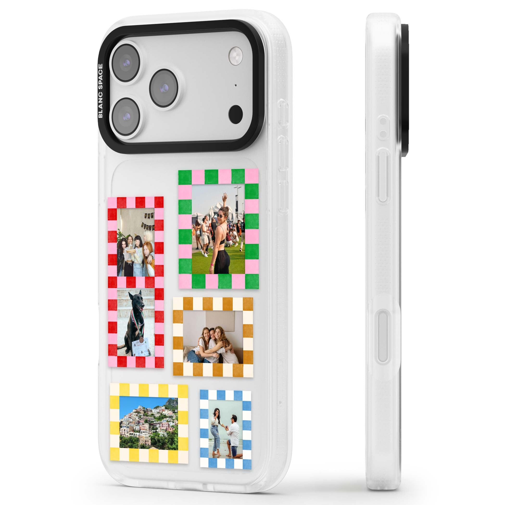 Italian Check Frames custom photo collage iPhone case featuring six checkered photo frames in red, green, pink and | Clear Case Impact Air case for iPhone 17 Pro, iPhone 17 Pro Max