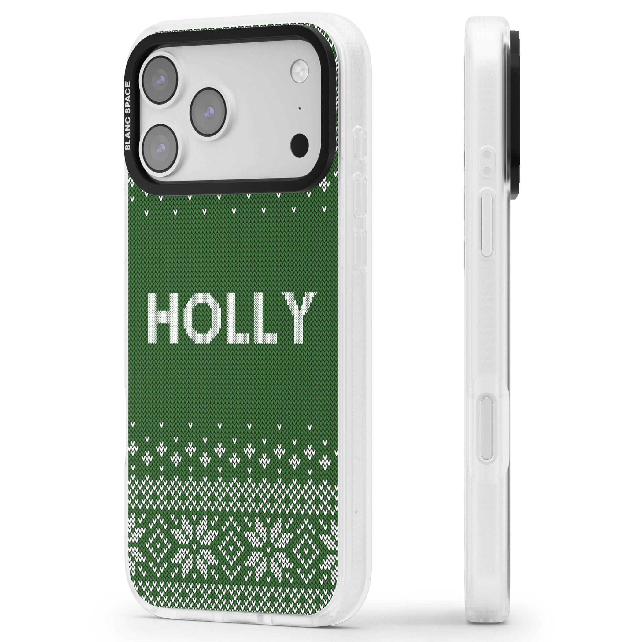 Personalised Green Christmas Knit iPhone 17 Pro Impact Air Clear Phone Case Side Profile