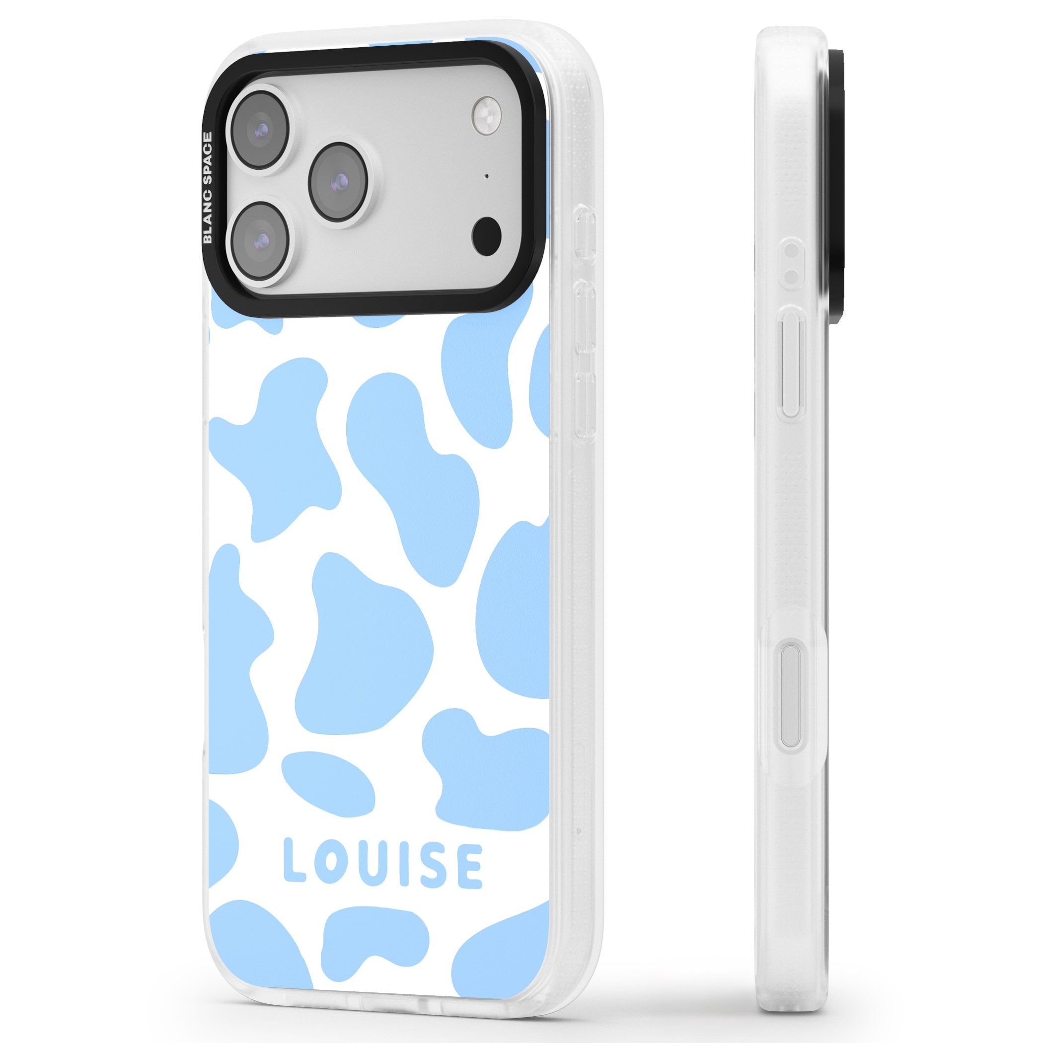 Personalised Blue And White Cow Print iPhone 17 Pro Impact Air Clear Phone Case Side Profile