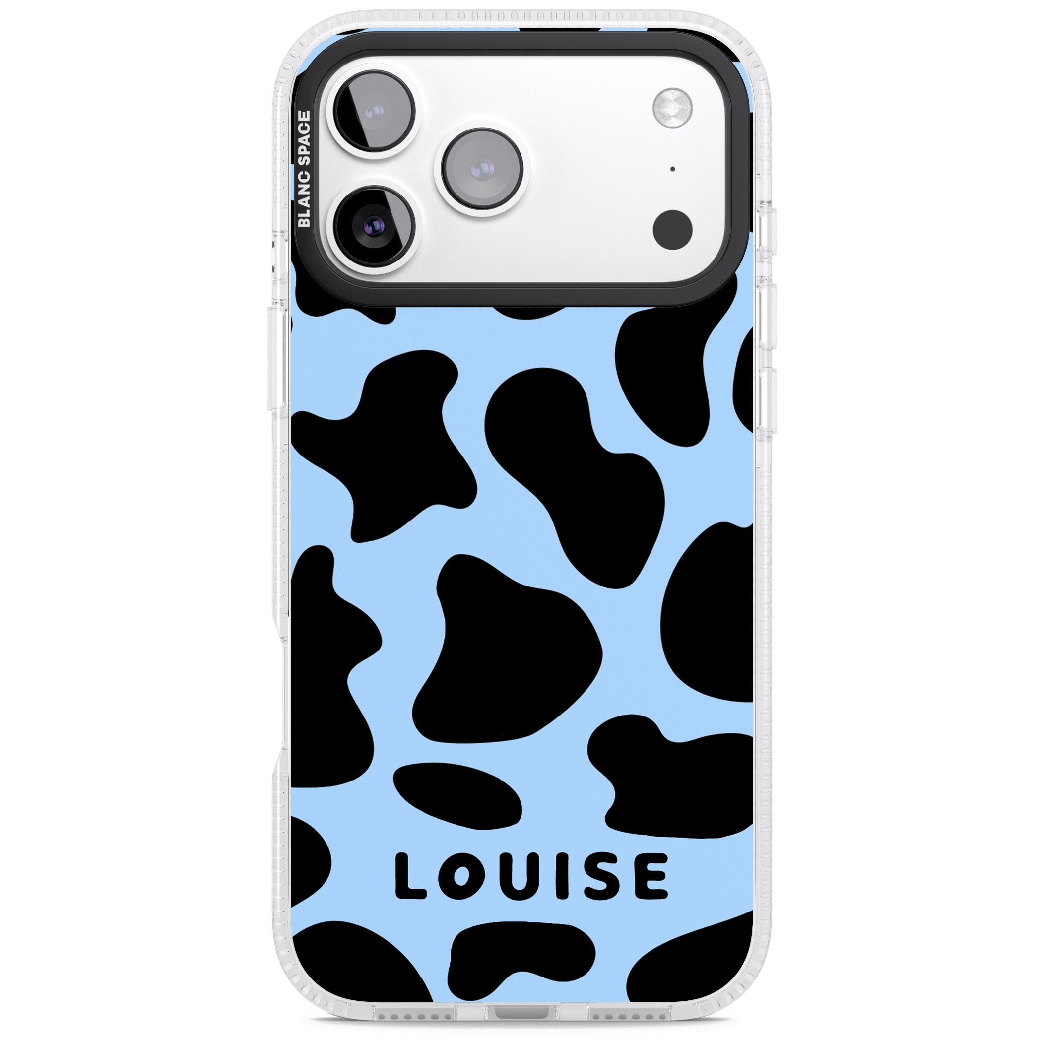 Personalised Blue And Black Cow Print iPhone 17 Pro Impact Air Clear Phone Case